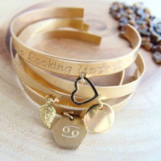 Gold charm bracelet leaf/heart/Zodiac/hexagon, custom engraved jewelry Personalized cuff bracelet, Layered cuffs, bohemian style, quote cuff