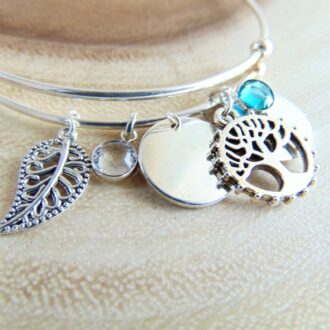 Personalized Silver bangle, Tree of life bracelet, Leaf charm, birthstone jewelry, Customized mother Gift, Family tree, Mom and child gift