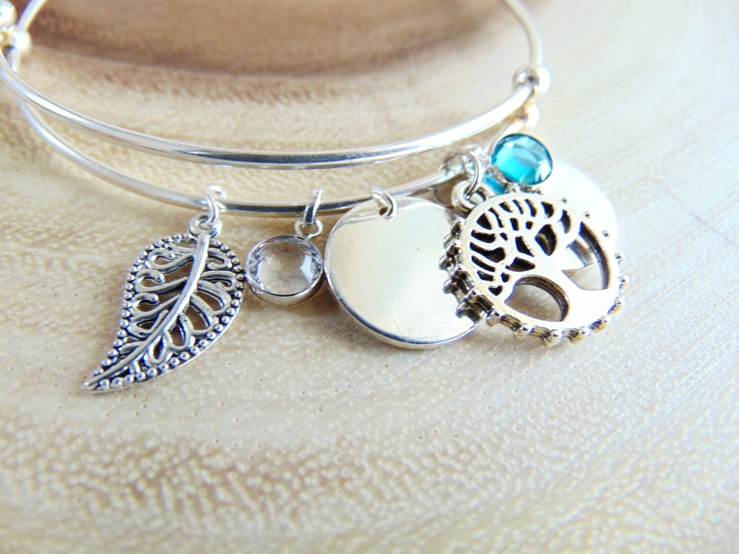 Personalized Silver bangle, Tree of life bracelet, Leaf charm, birthstone jewelry, Customized mother Gift, Family tree, Mom and child gift