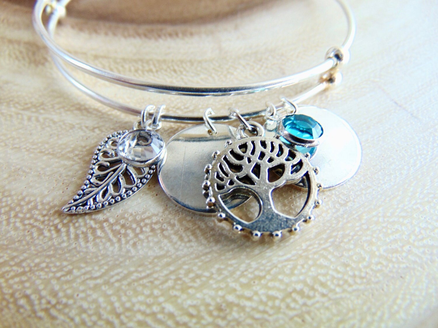 Personalized Silver bangle, Tree of life bracelet, Leaf charm, birthstone jewelry, Customized mother Gift, Family tree, Mom and child gift