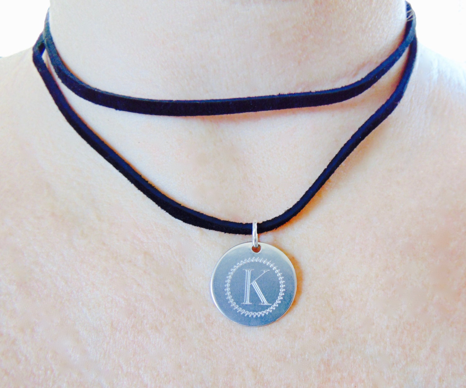 Stainless disc choker, Black leather coin necklace, double strand wrap choker, initial necklace, stamped letter necklace, coin choker.