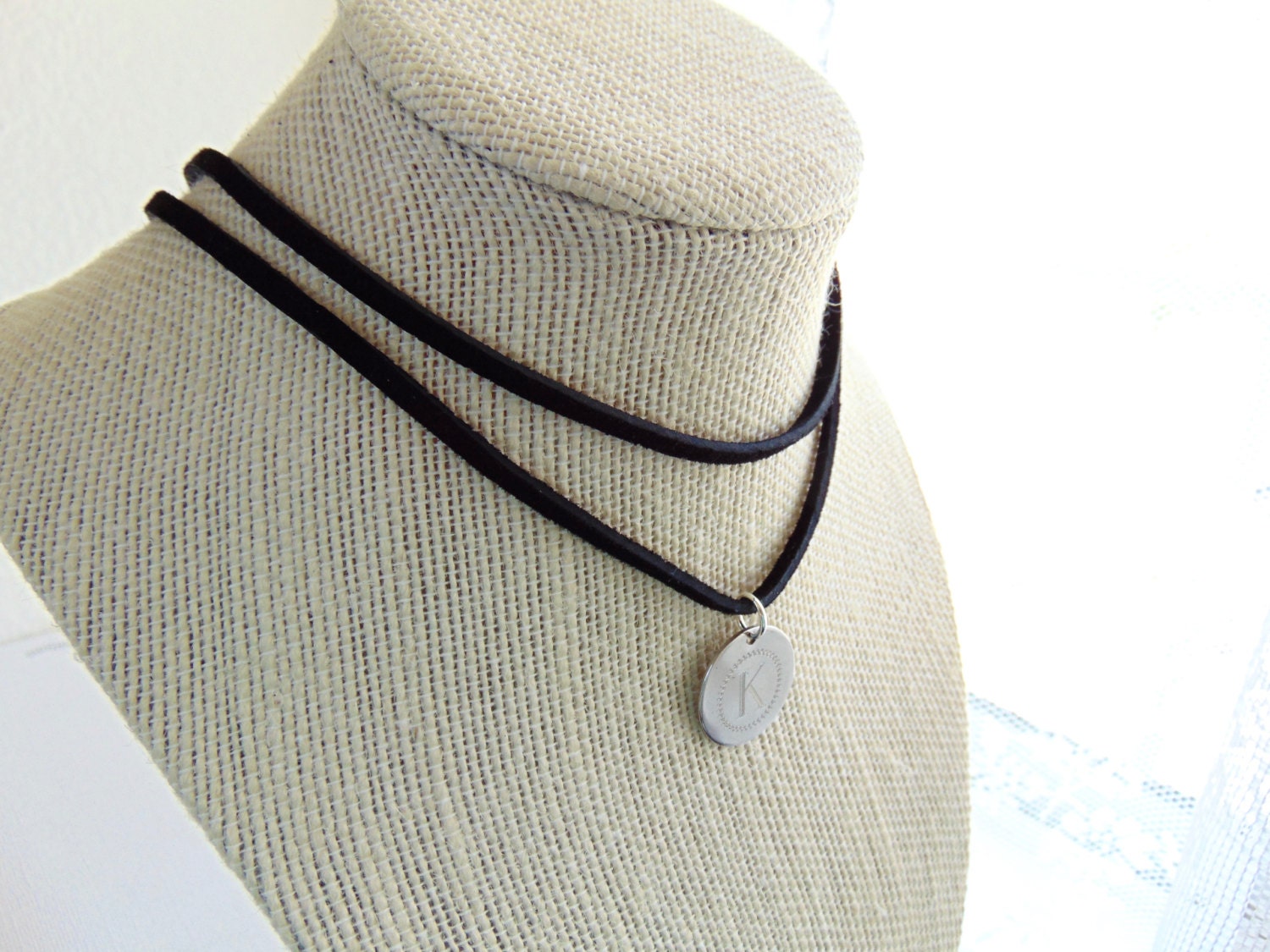 Stainless disc choker, Black leather coin necklace, double strand wrap choker, initial necklace, stamped letter necklace, coin choker.