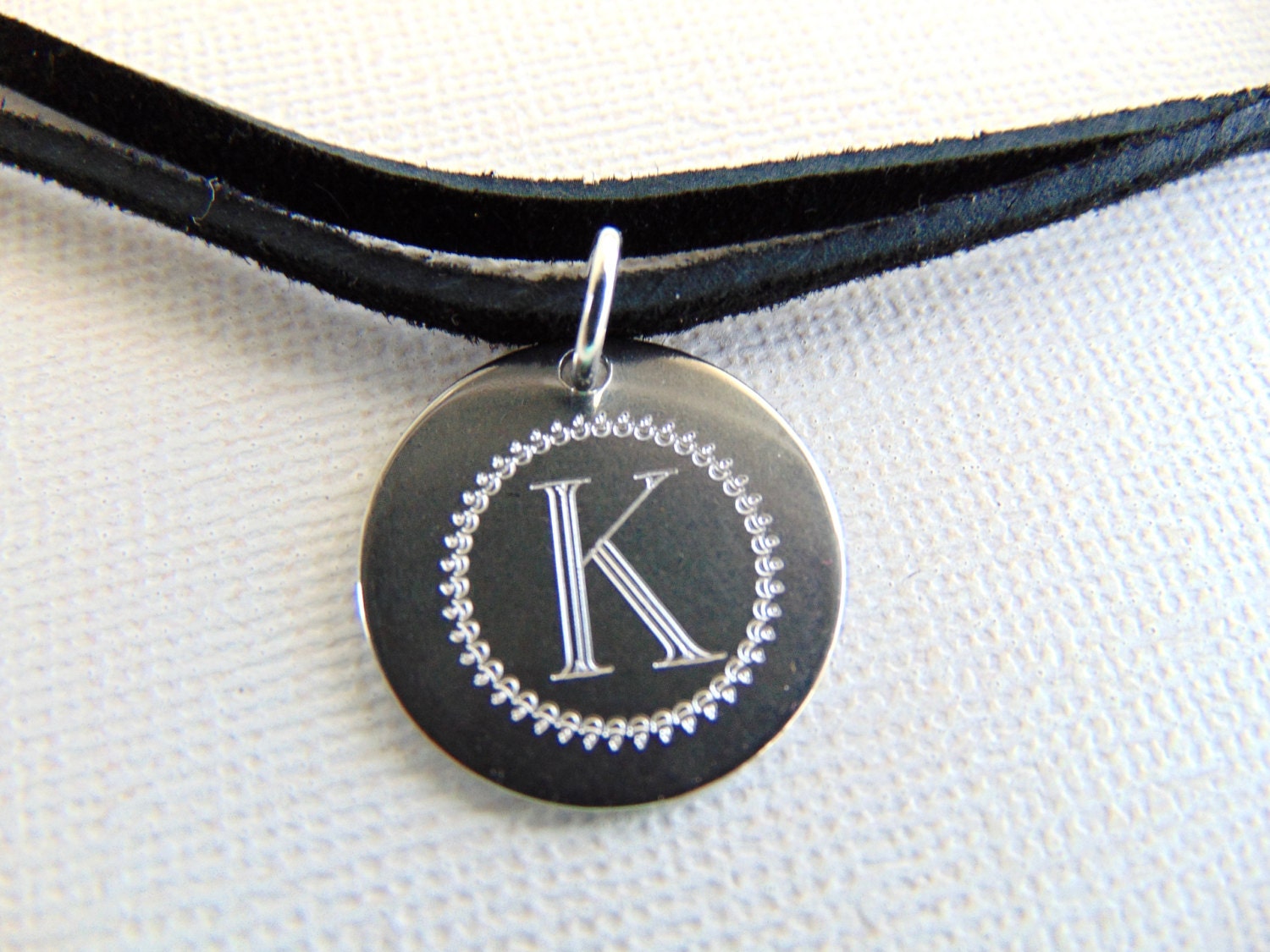 Stainless disc choker, Black leather coin necklace, double strand wrap choker, initial necklace, stamped letter necklace, coin choker.