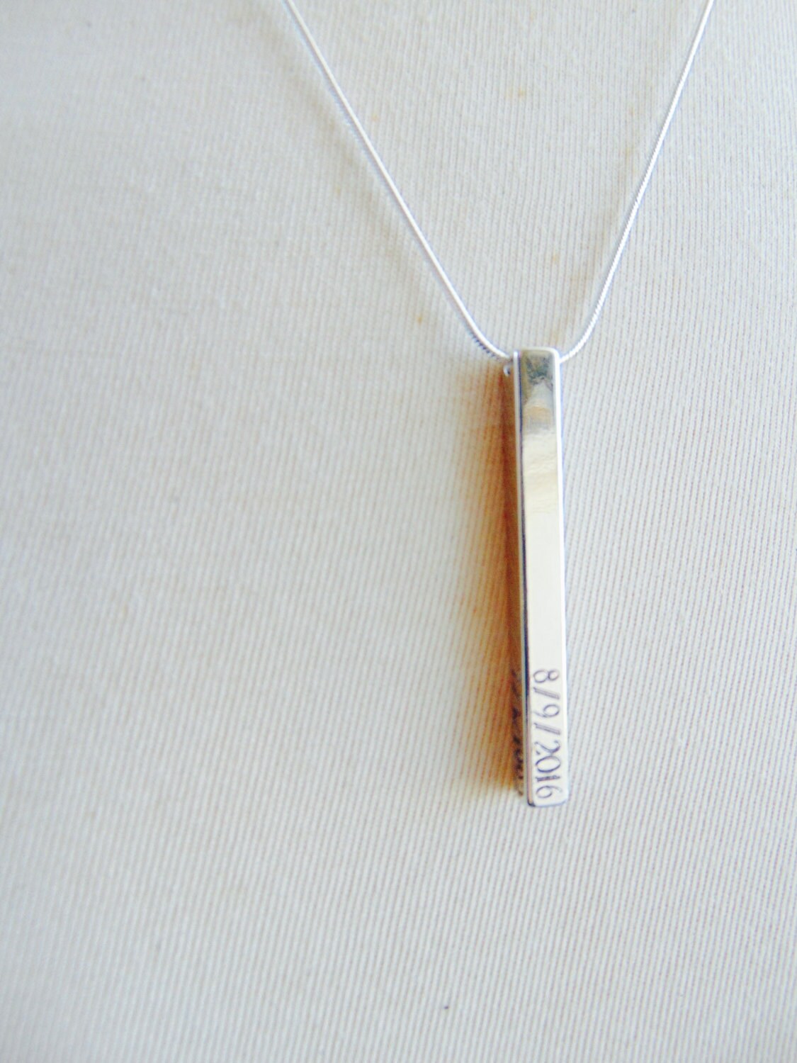 Date necklace, 4 sided Vertical bar necklace, personalized long silver bar pendant, Customized Roman numeral necklace, GPS Engraved Jewelry