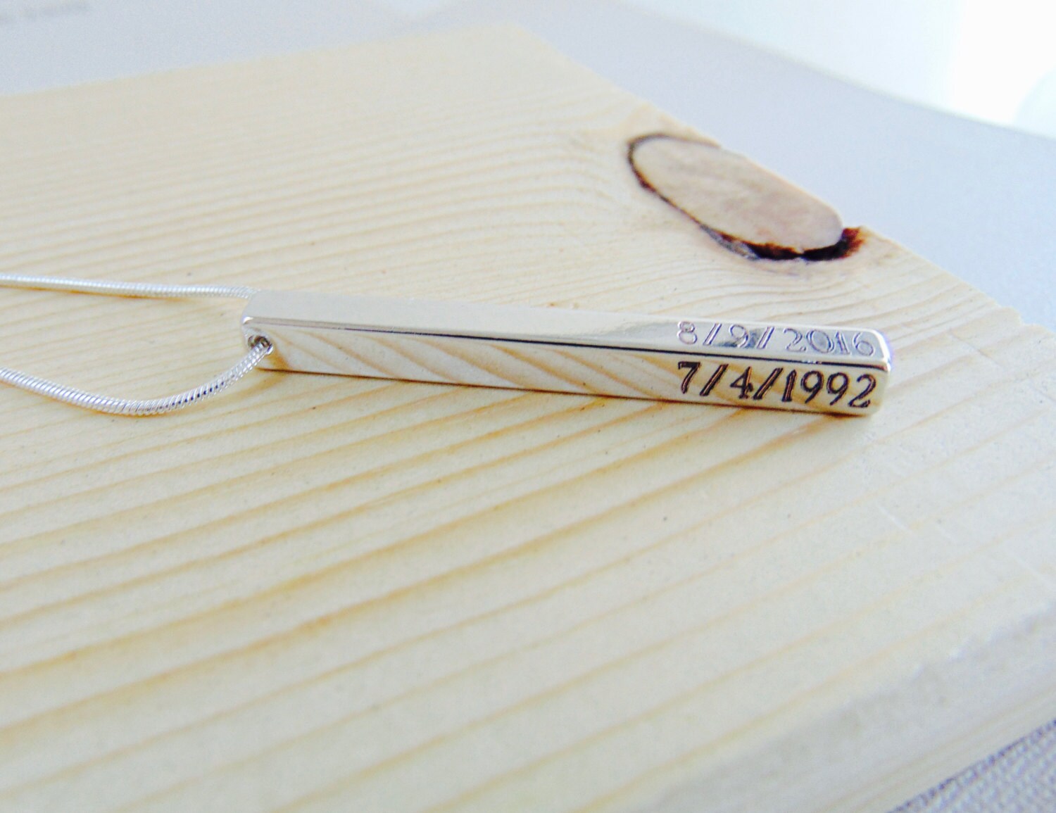 Date necklace, 4 sided Vertical bar necklace, personalized long silver bar pendant, Customized Roman numeral necklace, GPS Engraved Jewelry