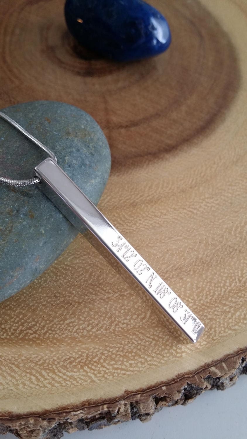 Coordinates necklace, cuboid Vertical bar necklace engraved, personalized GPS location bar pendant, Customized longitude latitude jewelry