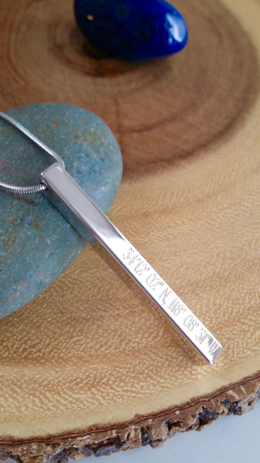 Coordinates necklace, cuboid Vertical bar necklace engraved, personalized GPS location bar pendant, Customized longitude latitude jewelry