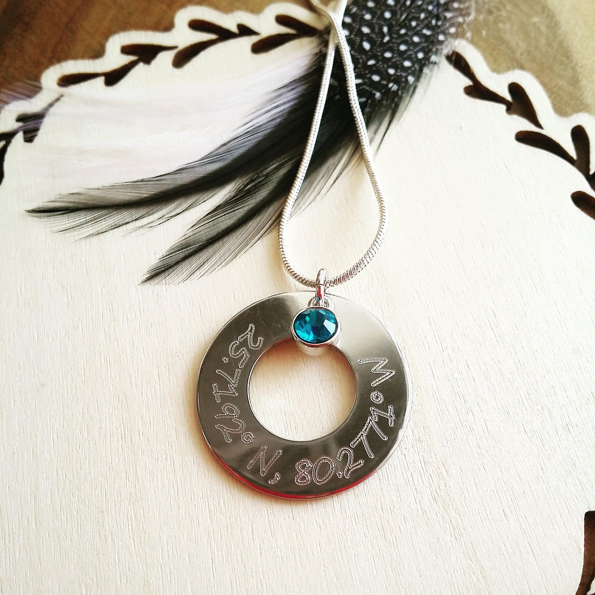 Coordinates necklace, GPS necklace, Location jewelry, longitude latitude washer necklace, birthstone charm necklace, engraved jewelry