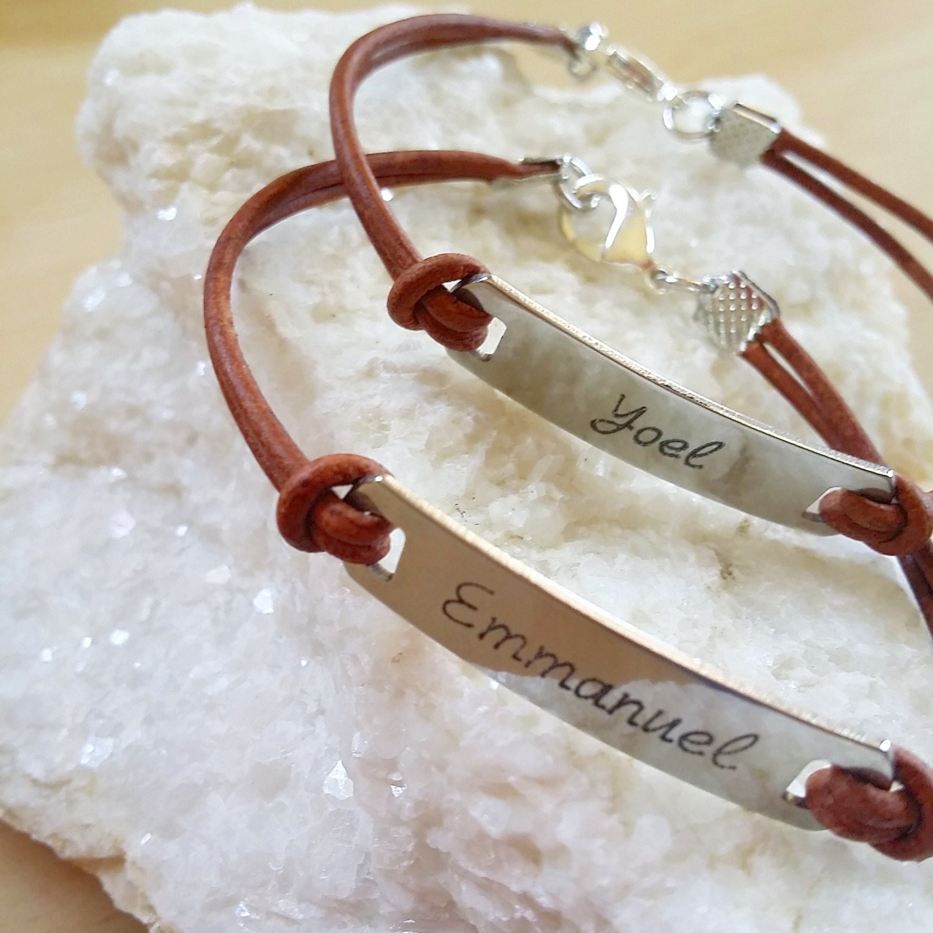 Father’s Day Gift for Him, Personalized Leather Bracelet, Custom Engraved Name Plate Bar Bracelet, Brown Leather Bangle for Dad