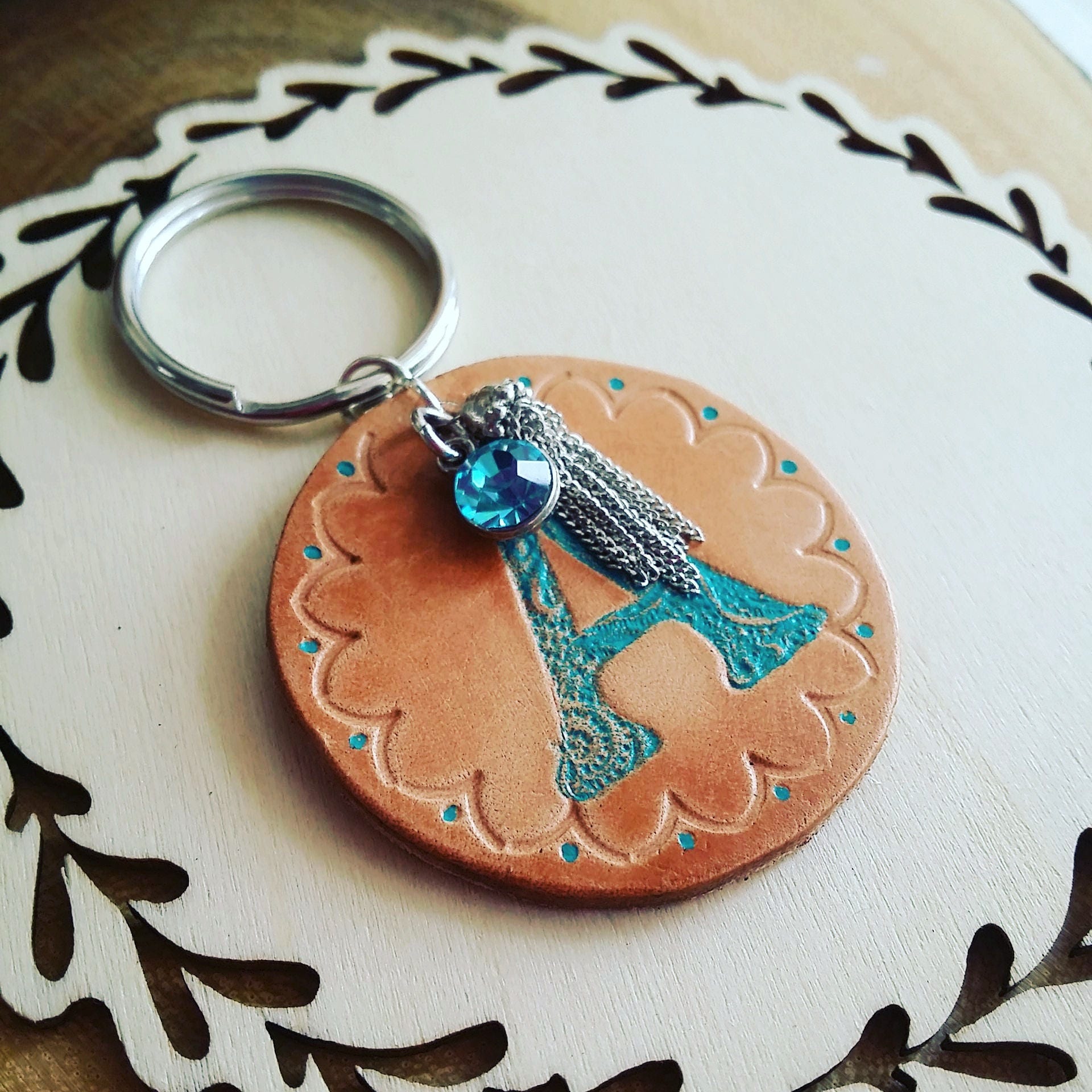 Leather keychain, birthstones key chain w charm, Initials key chain, custom key holder, hand stamped leather, hand painted leather initial.