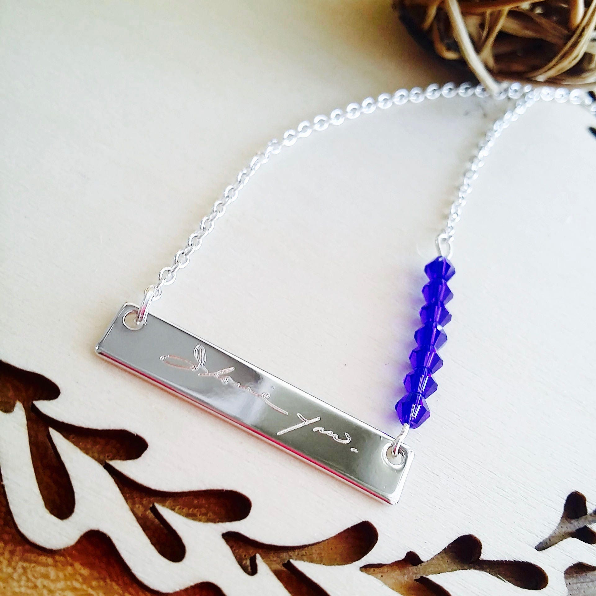 Actual Handwriting necklace, Personalized handwritten bar necklace & blue sapphire birthstone, Silver engraved Custom hand writing jewelry