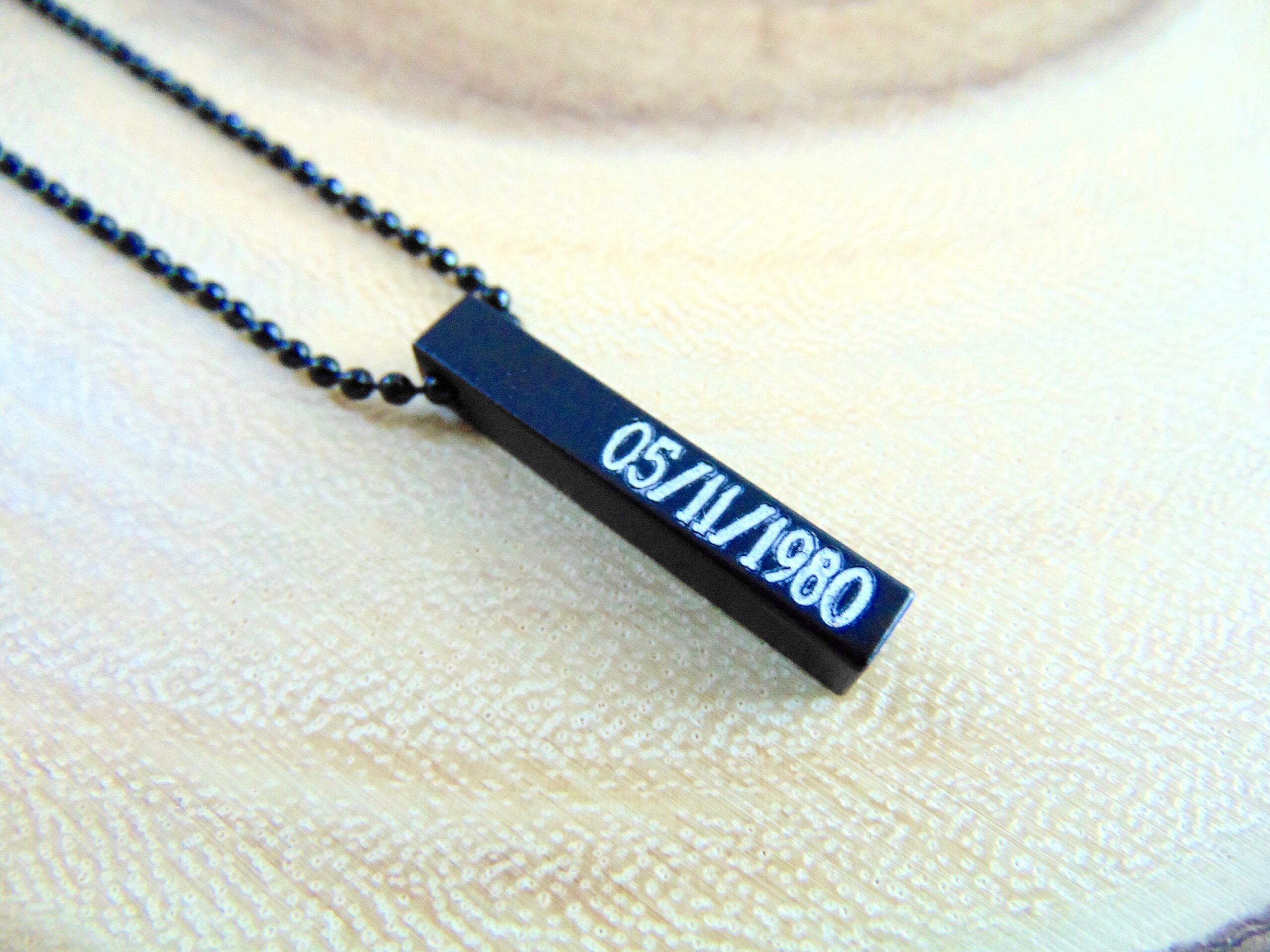 Vertical bar necklace, monogram pendant, unisex black necklace, engraved pendant, gift for him, Men’s necklace, personalized block pendant.