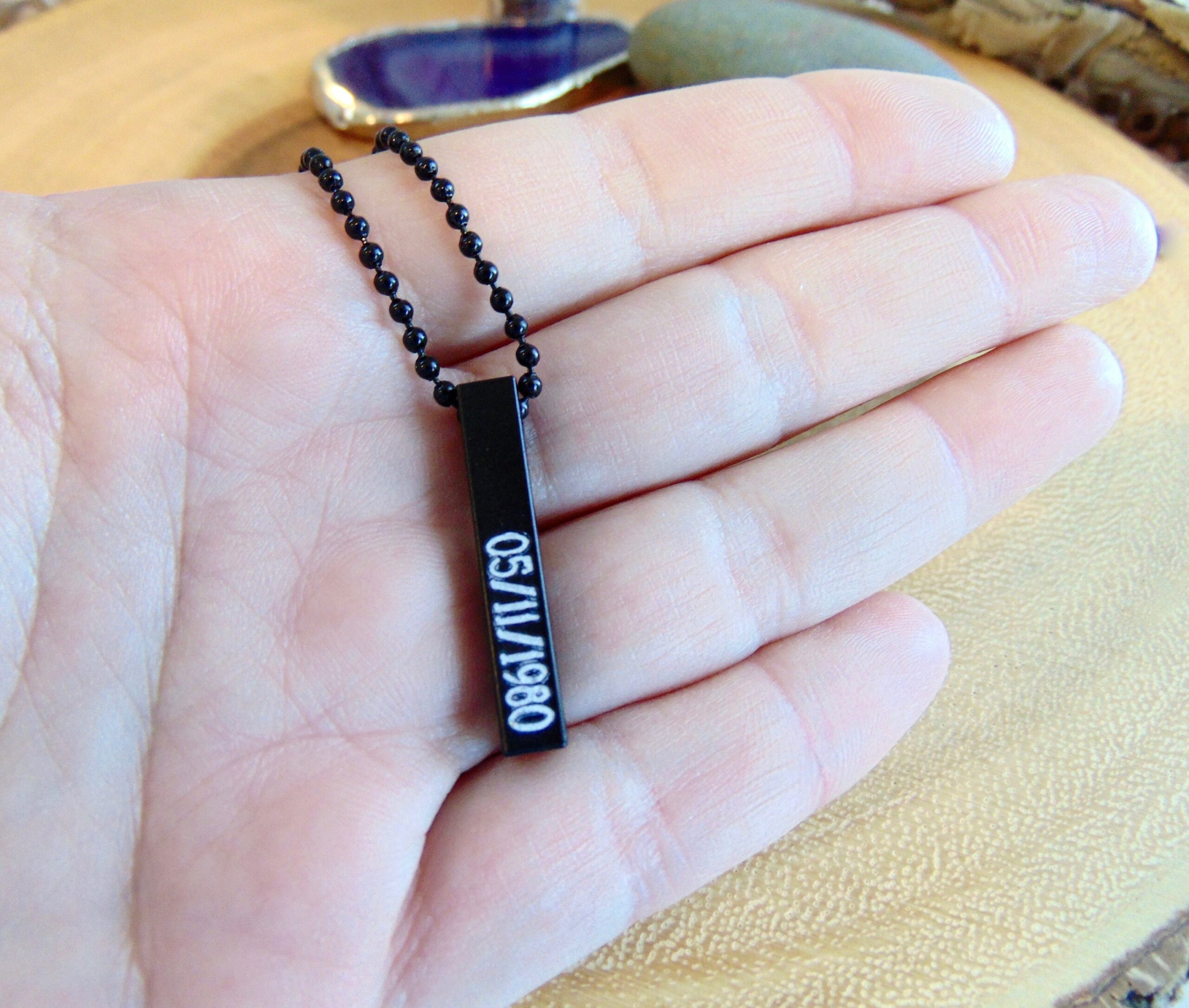 Father’s Day Gift for Dad, Personalized Black Vertical Pendant Necklace, Custom Engraved Men’s Jewelry, Unique Gift for Him