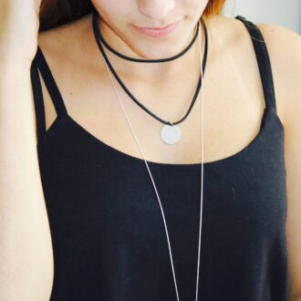 Stainless disc choker, Black leather coin necklace, double strand wrap choker, initial necklace, stamped letter necklace, coin choker.