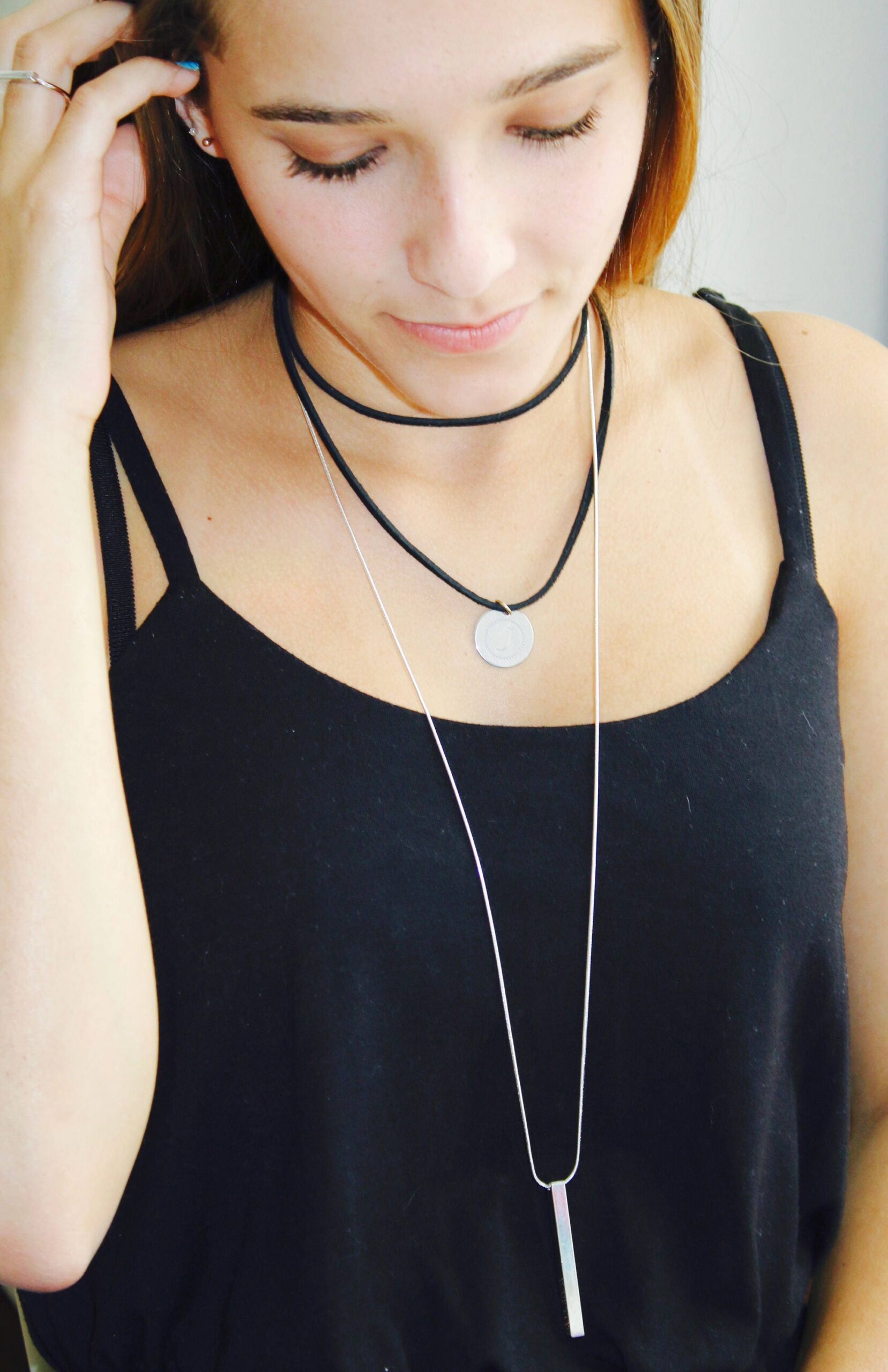 Stainless disc choker, Black leather coin necklace, double strand wrap choker, initial necklace, stamped letter necklace, coin choker.