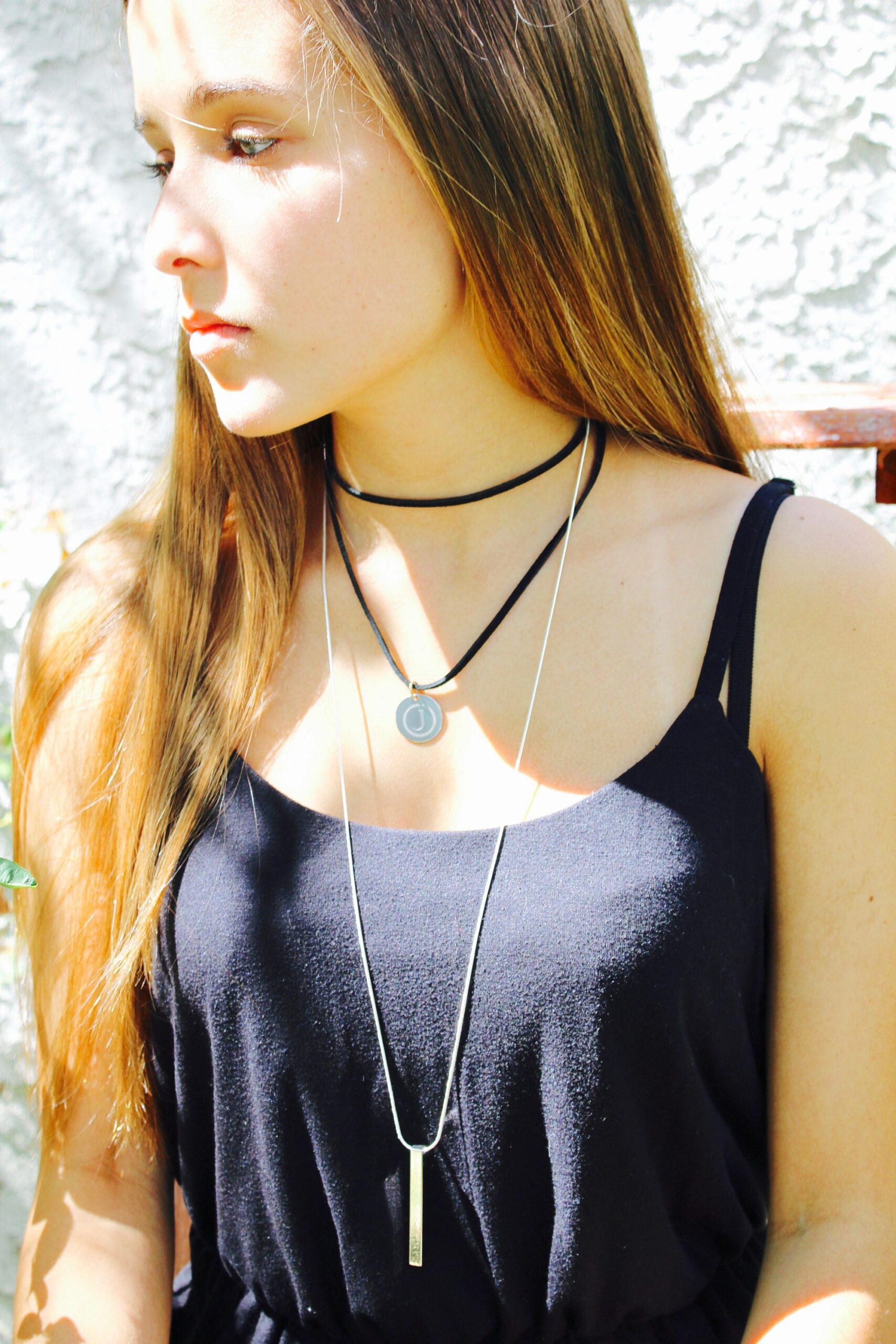 Stainless disc choker, Black leather coin necklace, double strand wrap choker, initial necklace, stamped letter necklace, coin choker.