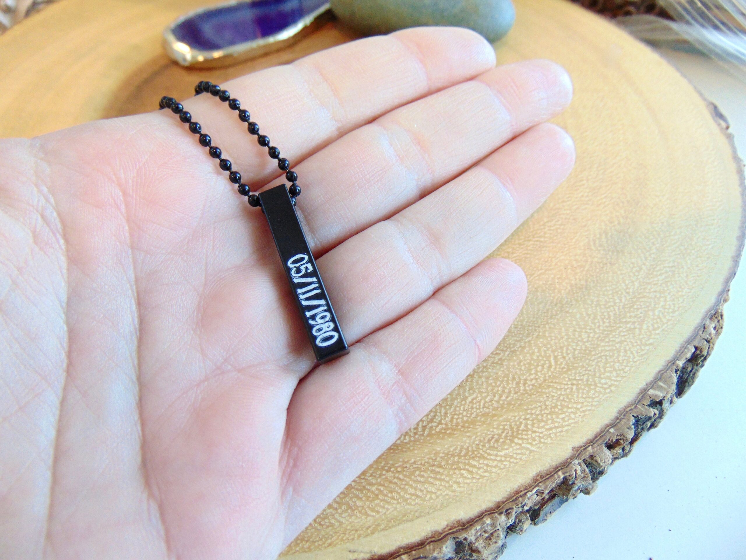 Father’s Day Gift for Dad, Personalized Black Vertical Pendant Necklace, Custom Engraved Men’s Jewelry, Unique Gift for Him
