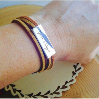 Custom handwriting Leather bracelet, Personalized message wrap bracelet, actual handwriting bar bracelet, engraved Signature brown leather.