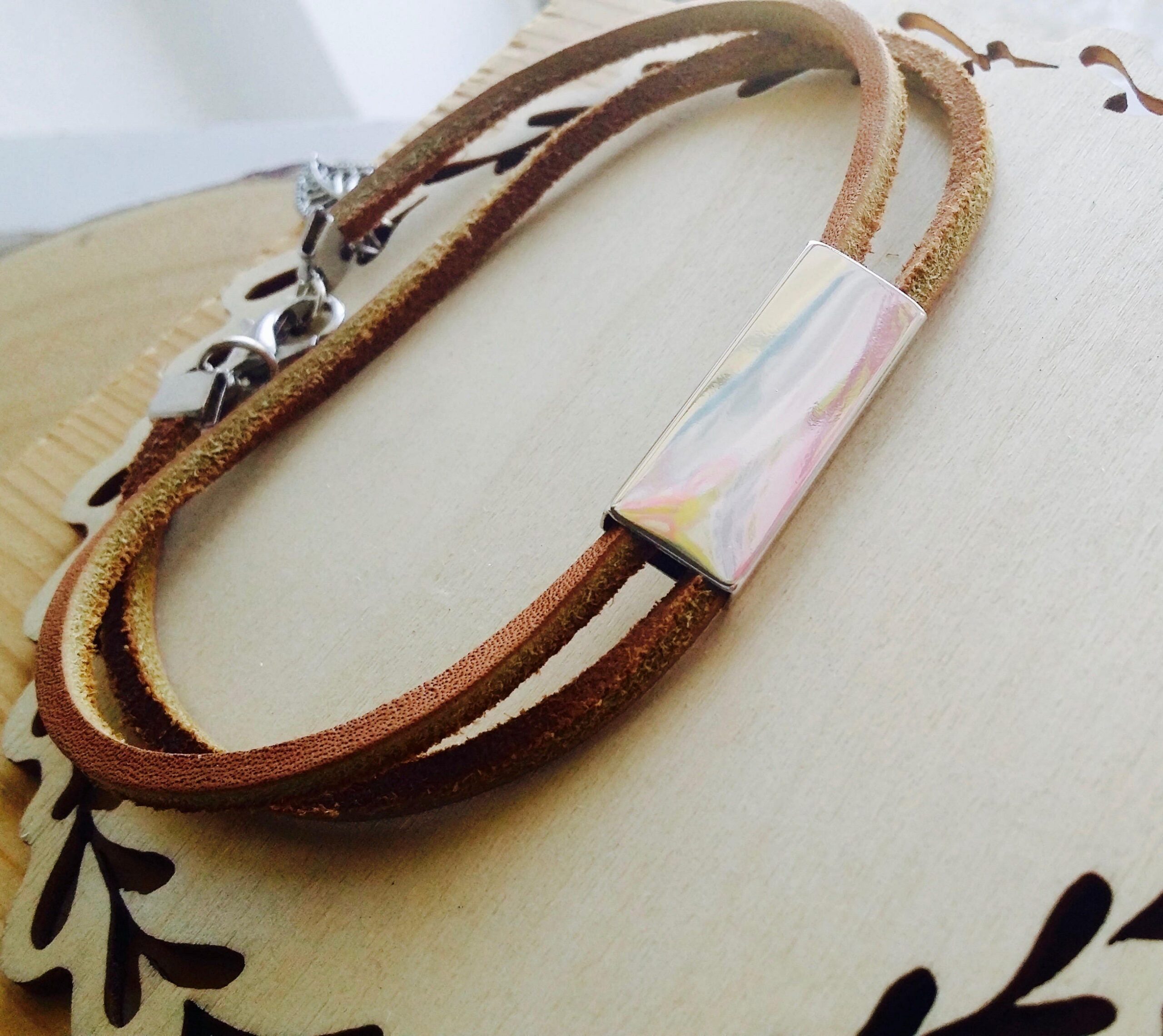 Custom handwriting Leather bracelet, Personalized message wrap bracelet, actual handwriting bar bracelet, engraved Signature brown leather.