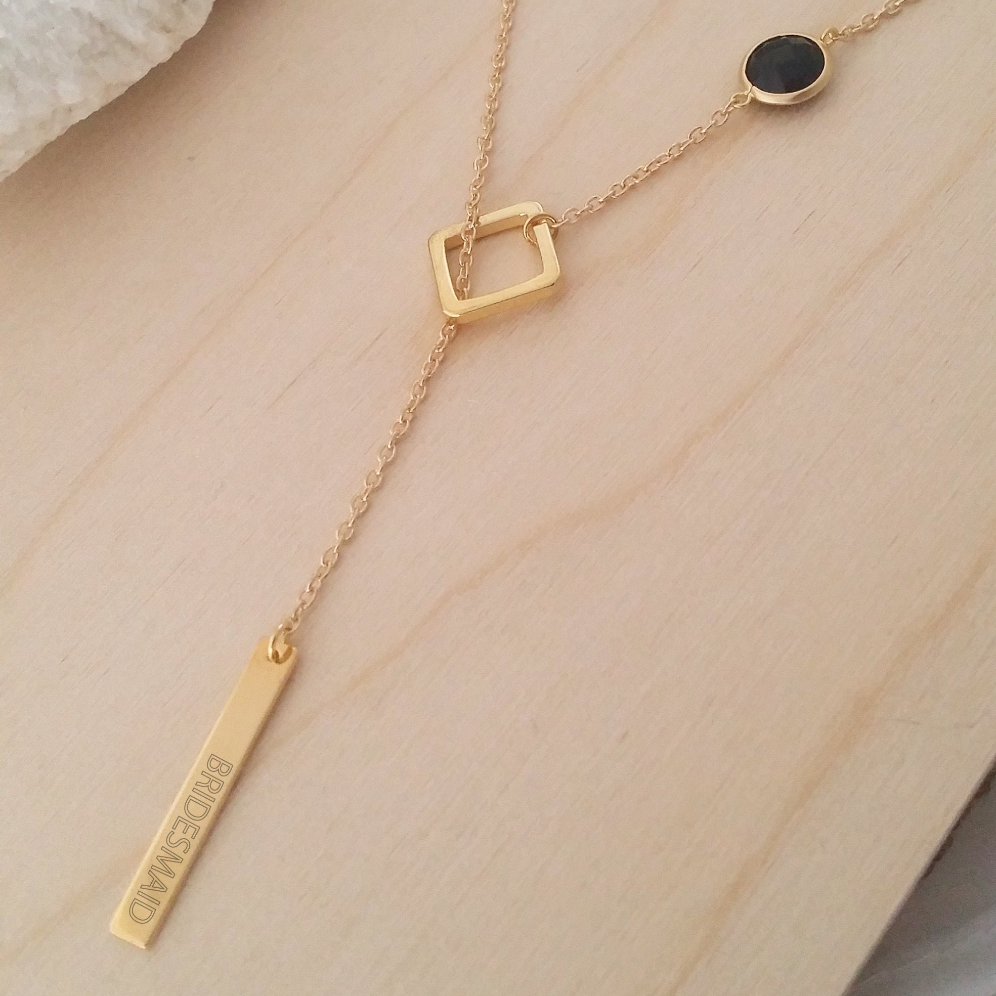 Personalized bridesmaid gift, Custom lariat necklace, engraved bar necklace, Asymmetrical black and gold necklace, long Y necklace.
