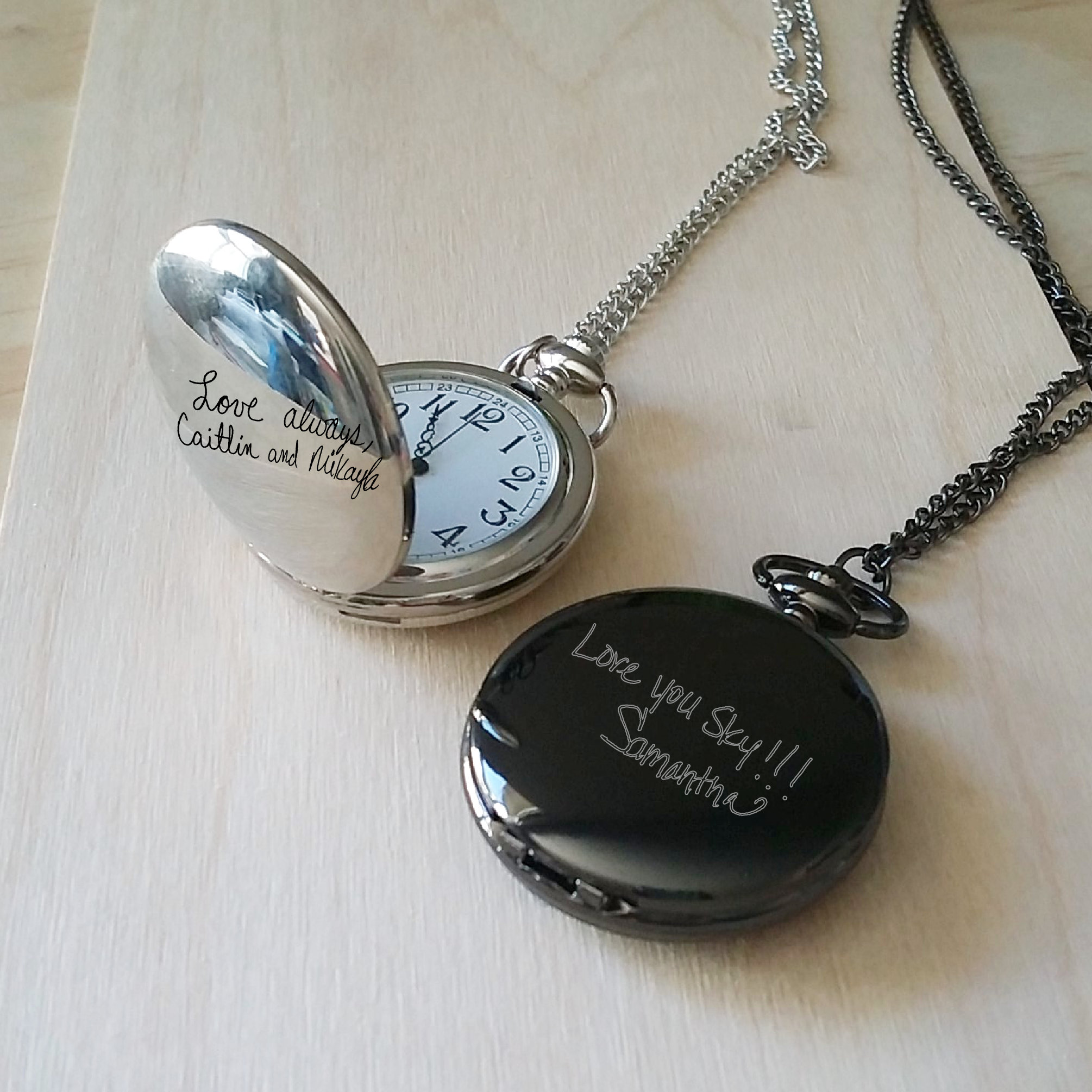 Pocket watch Hand writing , monogram watch, personalized man gift, engraved watch chain, signature Men’s gift, custom black watch pendant.