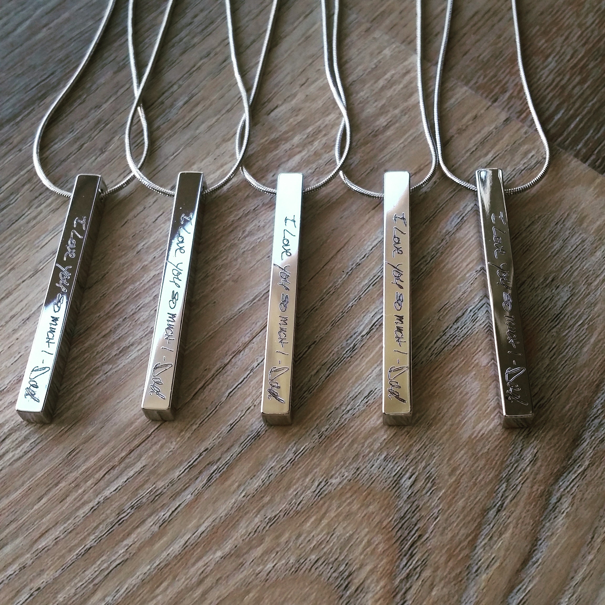 Custom handwriting necklace, 4 side engraved bar pendant, actual handwritten necklace, gold/silver/rose gold cuboid necklace. vertical bar