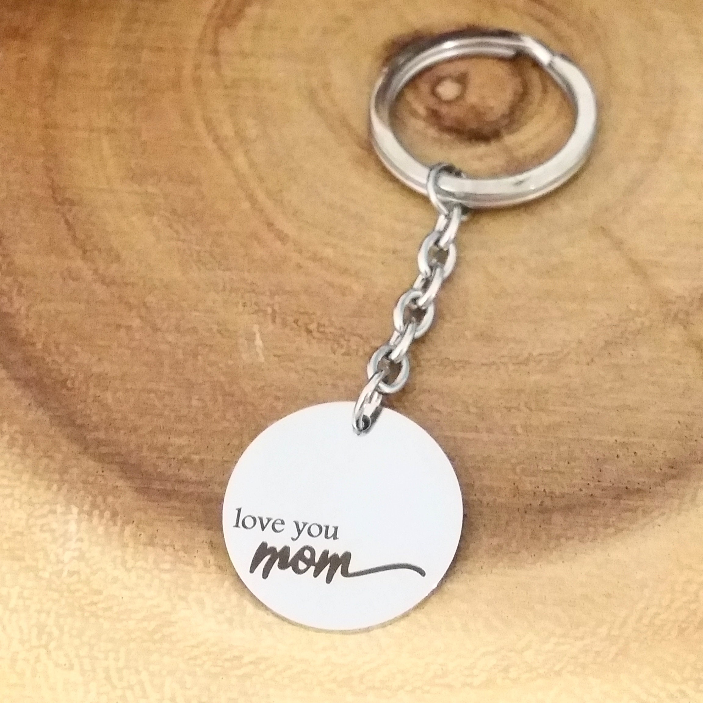 Mothers day gift, Love you mom Engraved key chain, silver key charm with message, key holder plate, gift for mom under 15, Ready to ship.