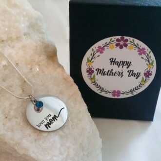 Love you MOM necklace, mothers day gift, engraved silver CIRCLE pendant, BIRTHSTONE necklace, love gift for mom, personalized jewelry