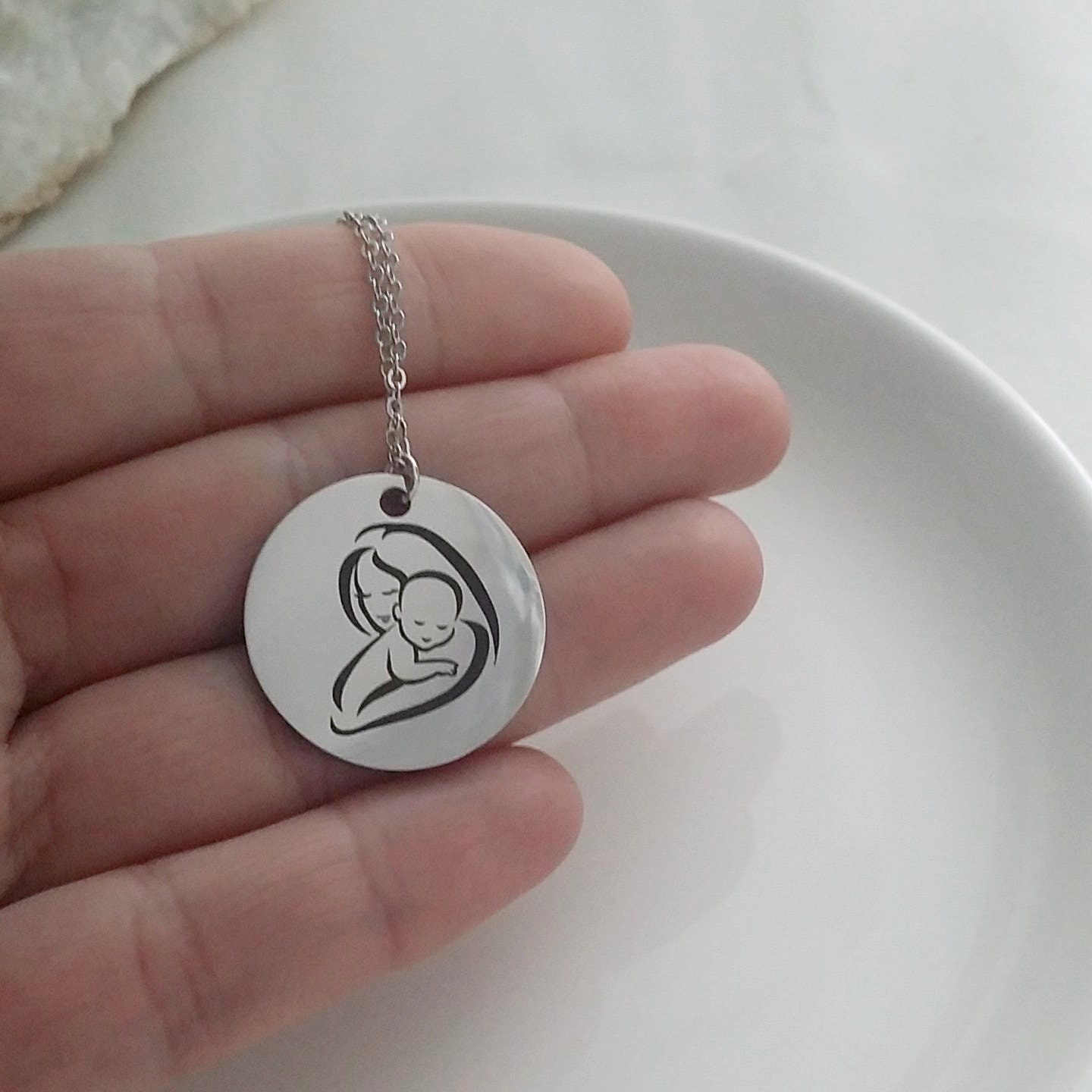 New MOM necklace, First mothers day gift, engraved silver pendant, mom and baby necklace, personalized pendant, keepsake necklace for mother
