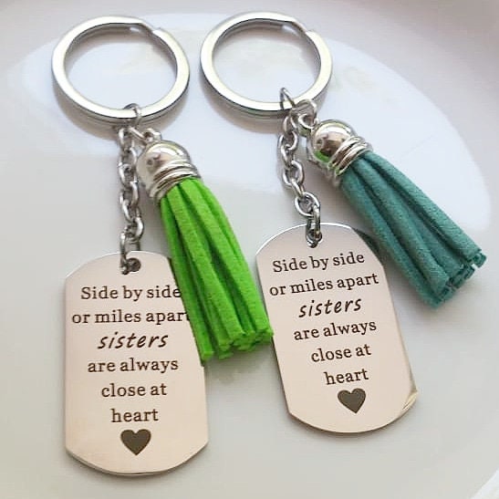 SISTERS gift, Engraved message keychain, personalized key chain, custom key holder, engraved gift for sisters, twins gift, silver key fob