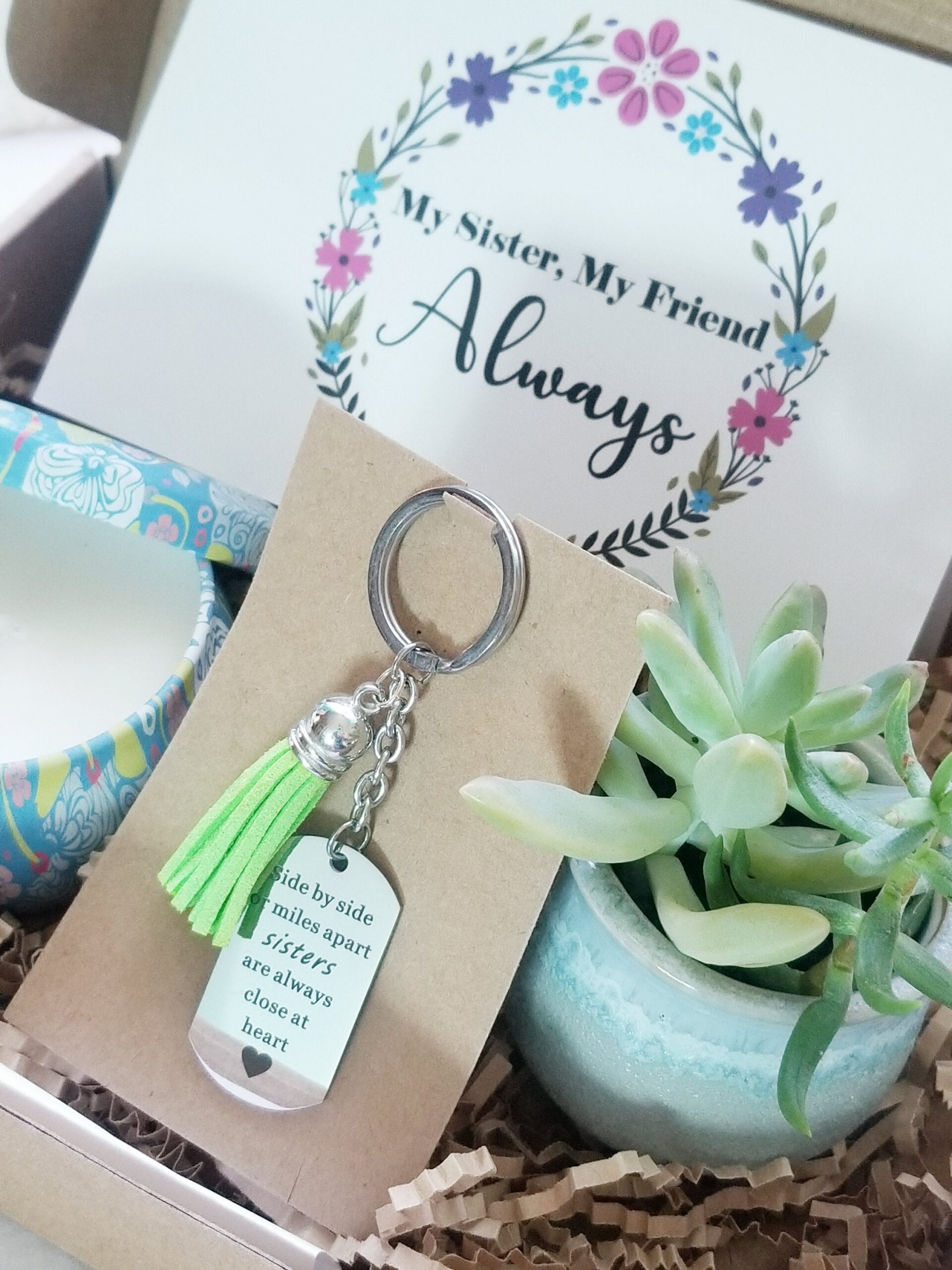 Sisters gift box, Send a gift set, Custom sister birthday present, Live succulent, personalized key chain, sibling gift, best friend gift