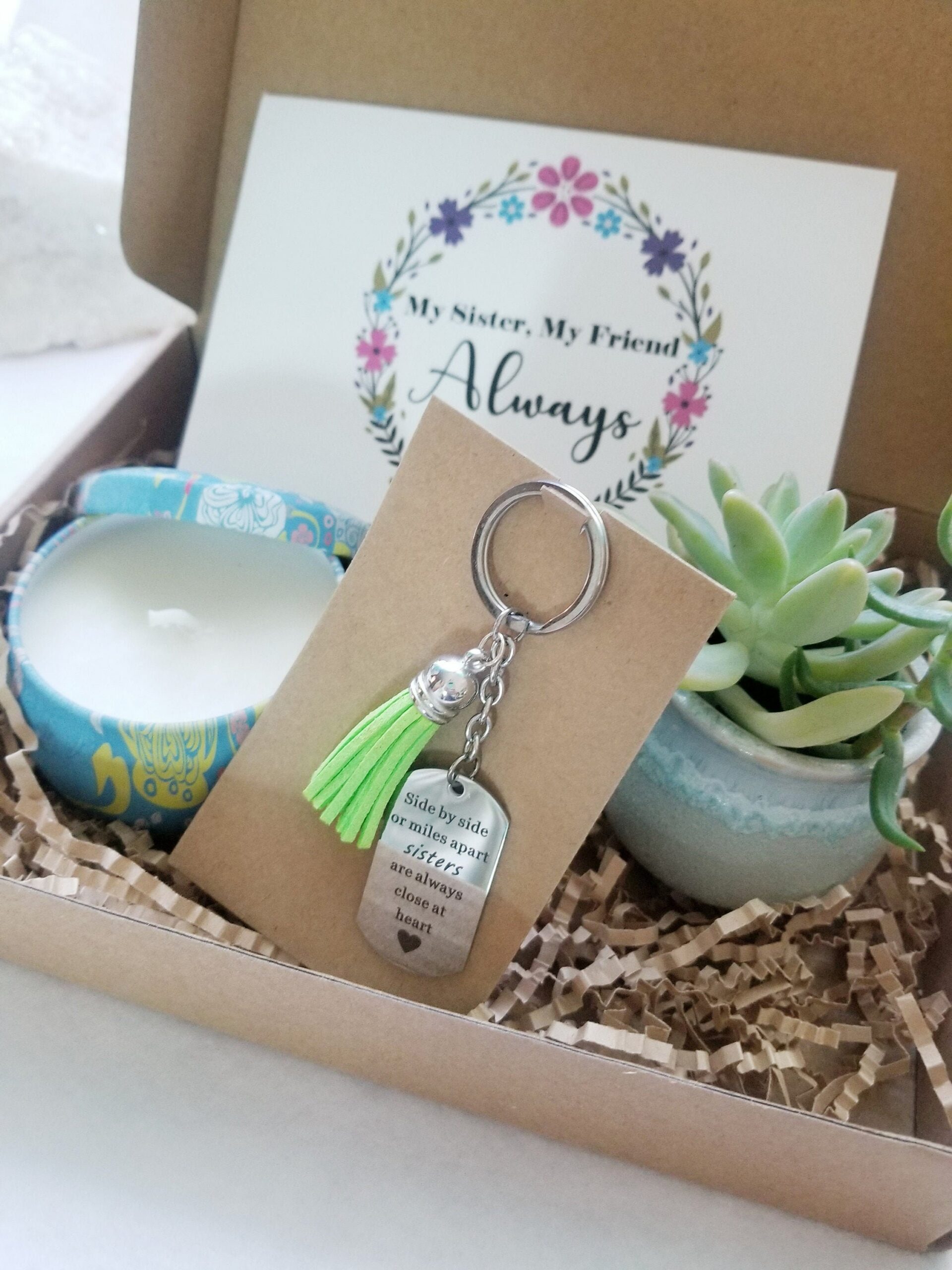 Sisters gift box, Send a gift set, Custom sister birthday present, Live succulent, personalized key chain, sibling gift, best friend gift