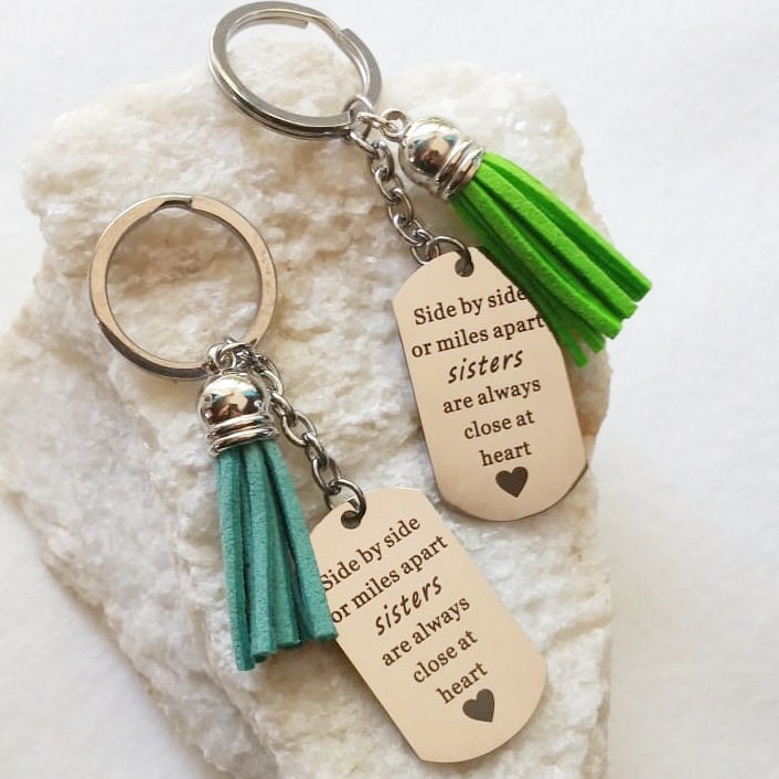 SISTERS gift, Engraved message keychain, personalized key chain, custom key holder, engraved gift for sisters, twins gift, silver key fob
