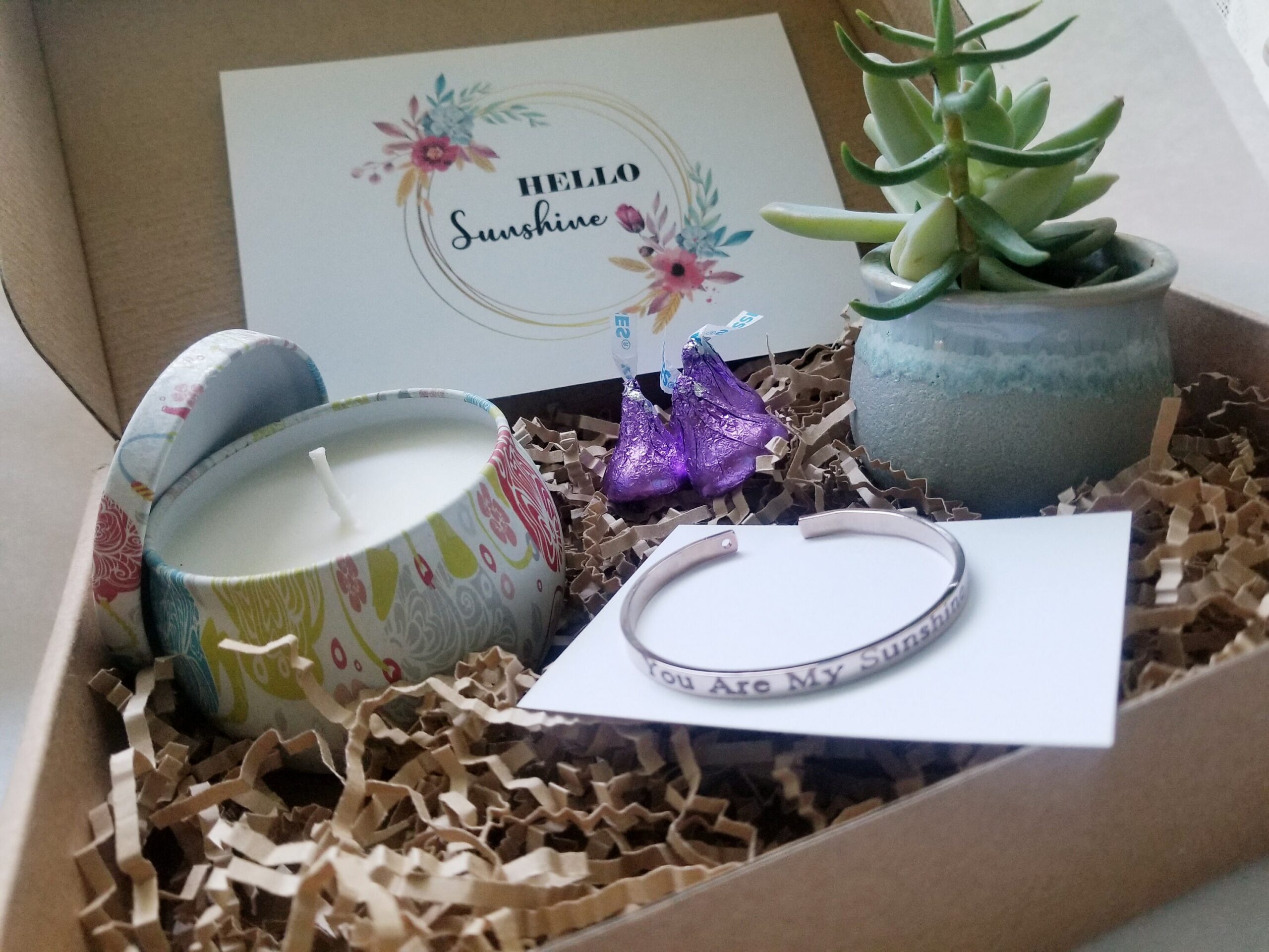 You are my sunshine, valentines day gift box, Send a gift set, live succulent, pre filled gift box, personalized package, Love gift basket.