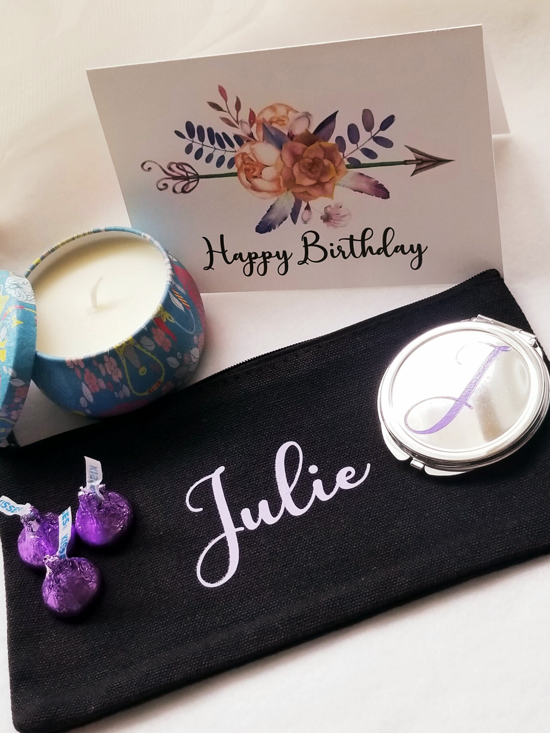 happy Birthday gift box, Send a gift, birthday present, personalized birthday gift, custom bridesmaid gift, makeup bag w compact mirror set.