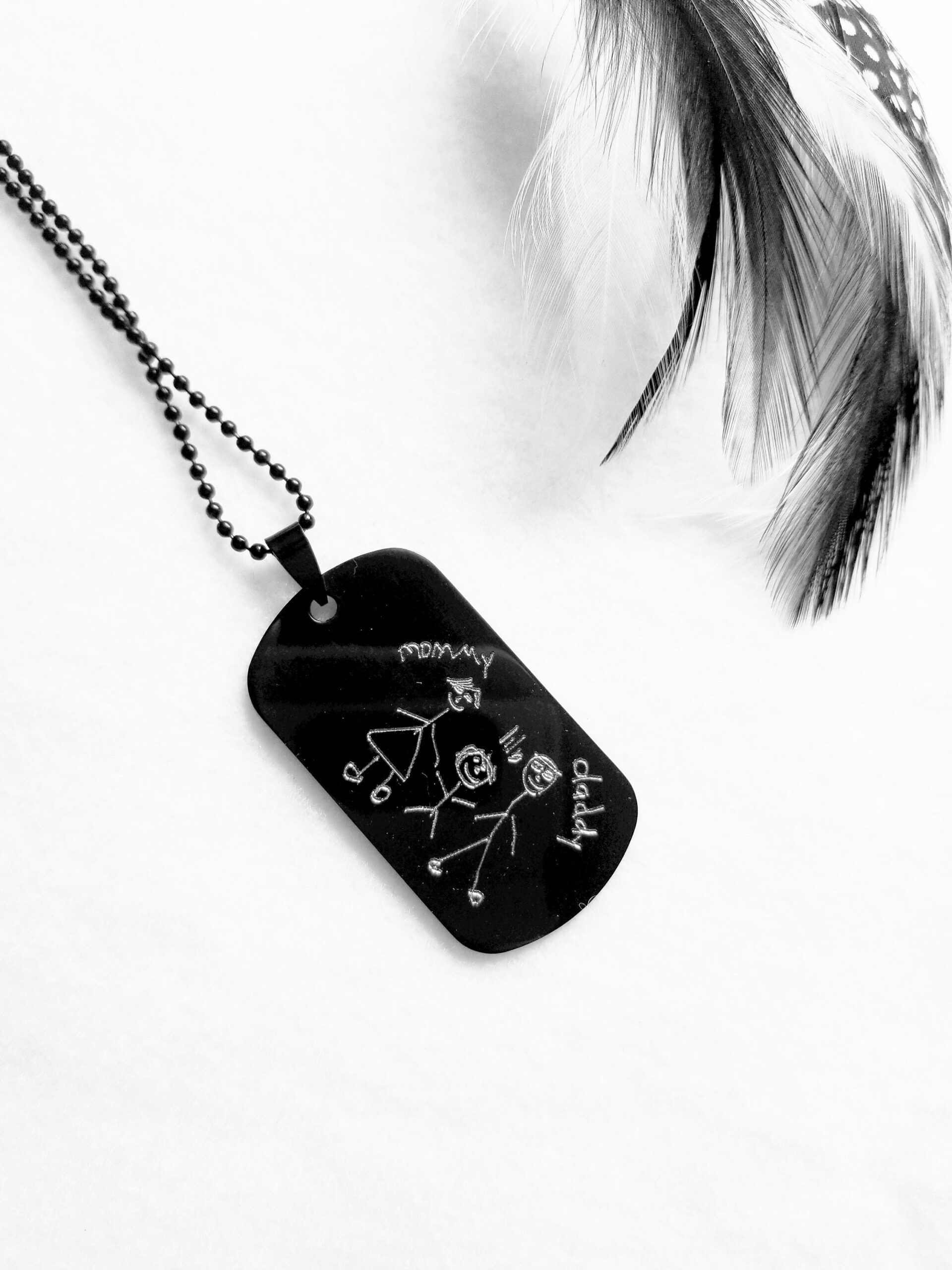 Father’s Day Gift, Child Drawing Black Military Tag Necklace for Dad, Custom Handwriting Engraved Pendant, Personalized Men’s Necklace