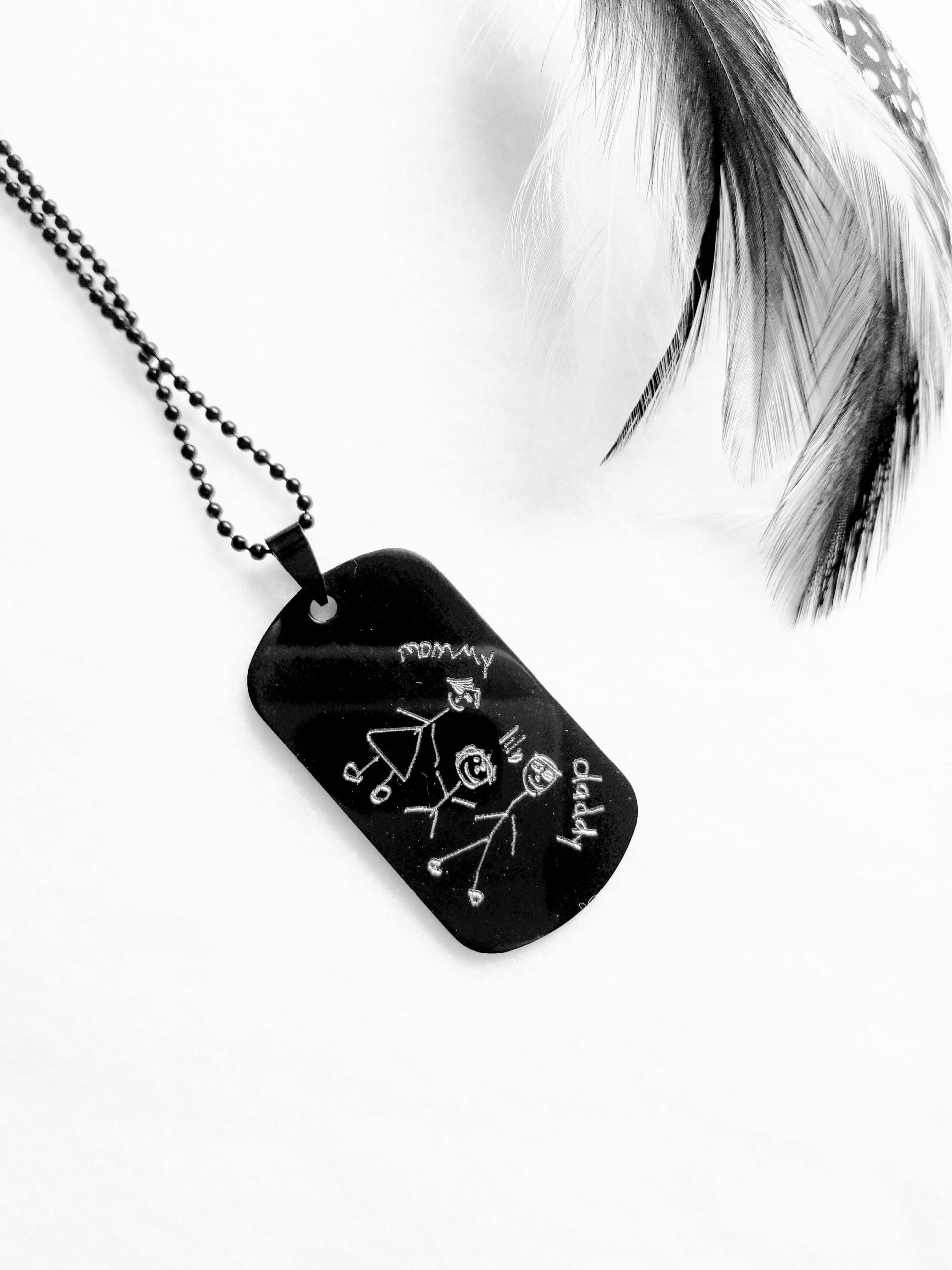 Father’s Day Gift, Child Drawing Black Military Tag Necklace for Dad, Custom Handwriting Engraved Pendant, Personalized Men’s Necklace