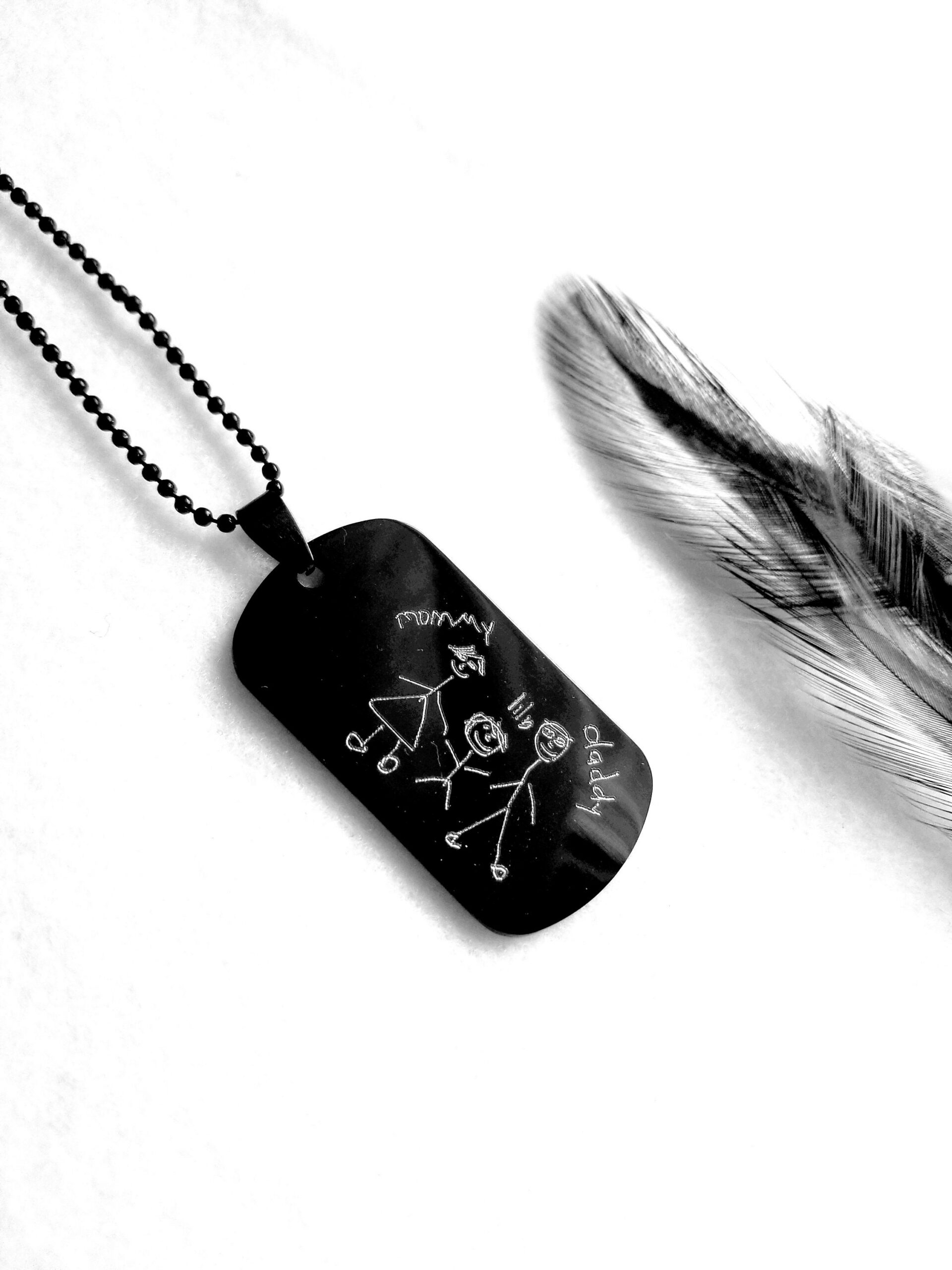 Father’s Day Gift, Child Drawing Black Military Tag Necklace for Dad, Custom Handwriting Engraved Pendant, Personalized Men’s Necklace