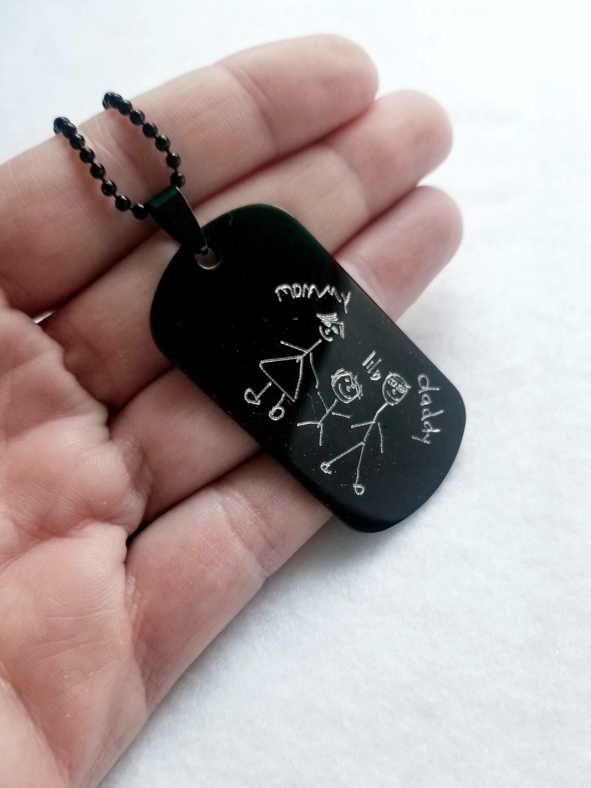 Father’s Day Gift, Child Drawing Black Military Tag Necklace for Dad, Custom Handwriting Engraved Pendant, Personalized Men’s Necklace