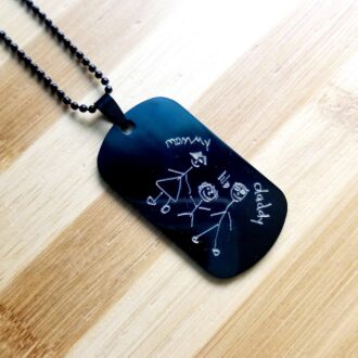 Father’s Day Gift for Him, Child Drawing Military Tag Necklace for Dad, Custom Engraved Unisex Pendant, Personalized Men’s Jewelry