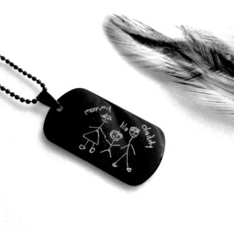 Father’s Day Gift, Child Drawing Black Military Tag Necklace for Dad, Custom Handwriting Engraved Pendant, Personalized Men’s Necklace