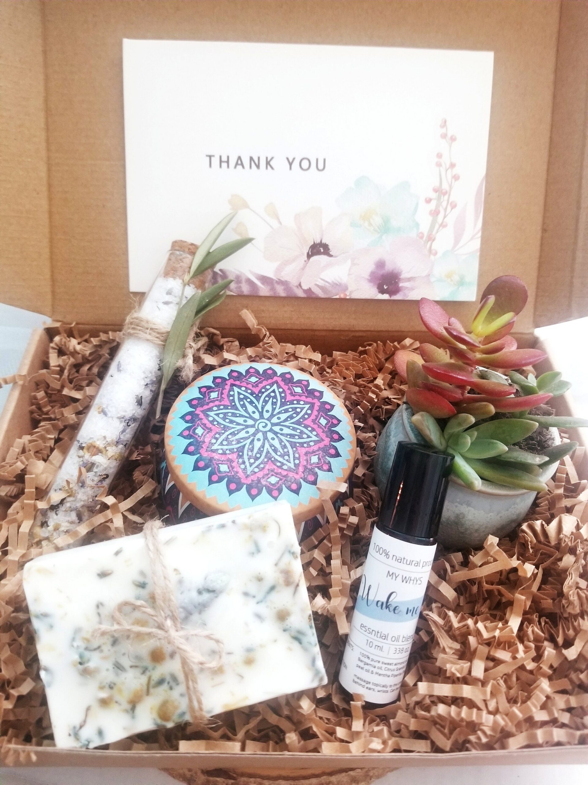 Thank you gift box, send a spa basket, care package gift, live succulent gift box, gift for her, 100% natural soap products, spa gift set