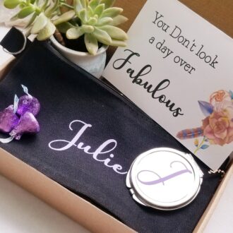 happy Birthday gift box, Send a gift, birthday present, personalized birthday gift, custom bridesmaid gift, makeup bag w compact mirror set.