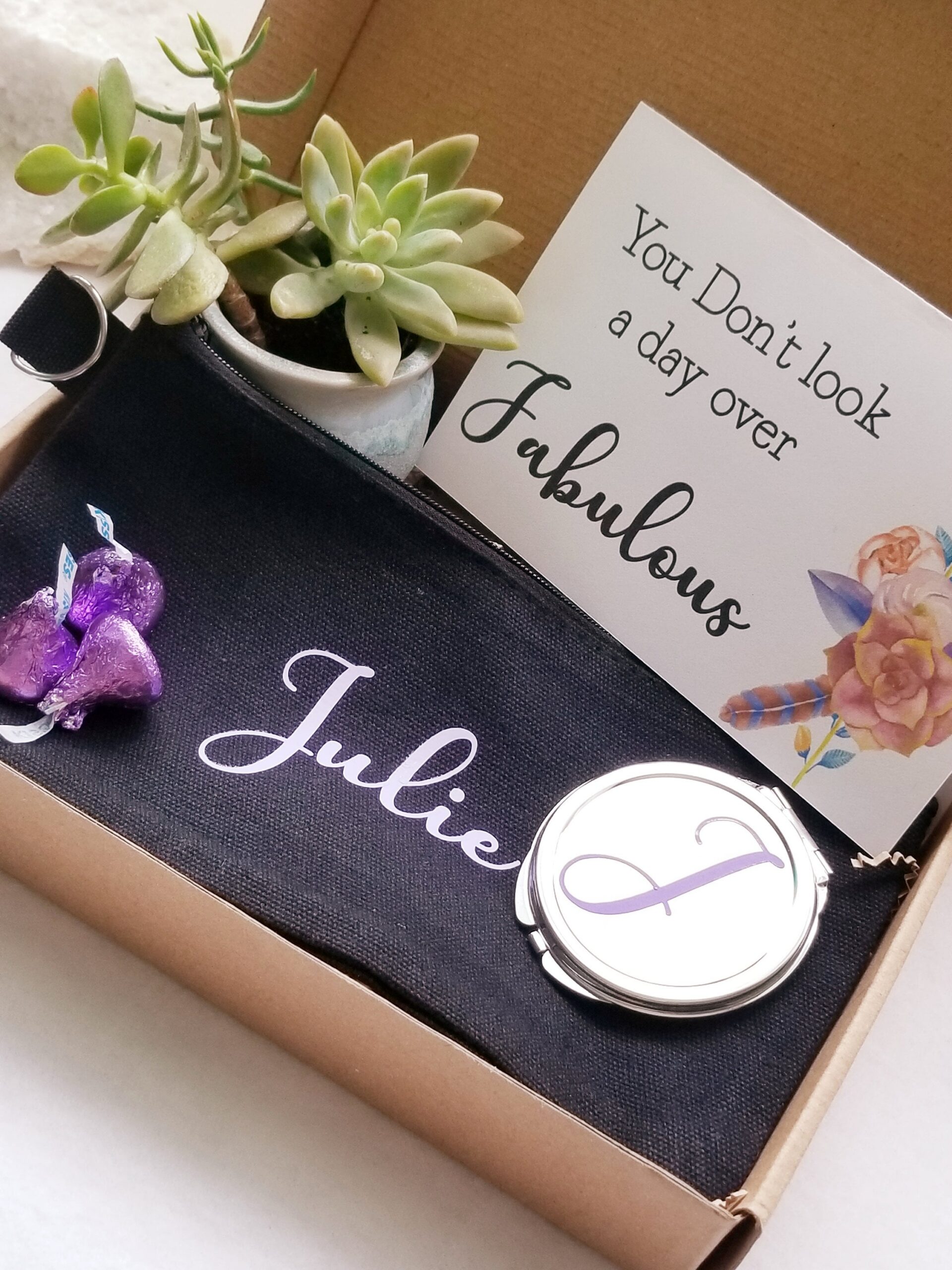 happy Birthday gift box, Send a gift, birthday present, personalized birthday gift, custom bridesmaid gift, makeup bag w compact mirror set.