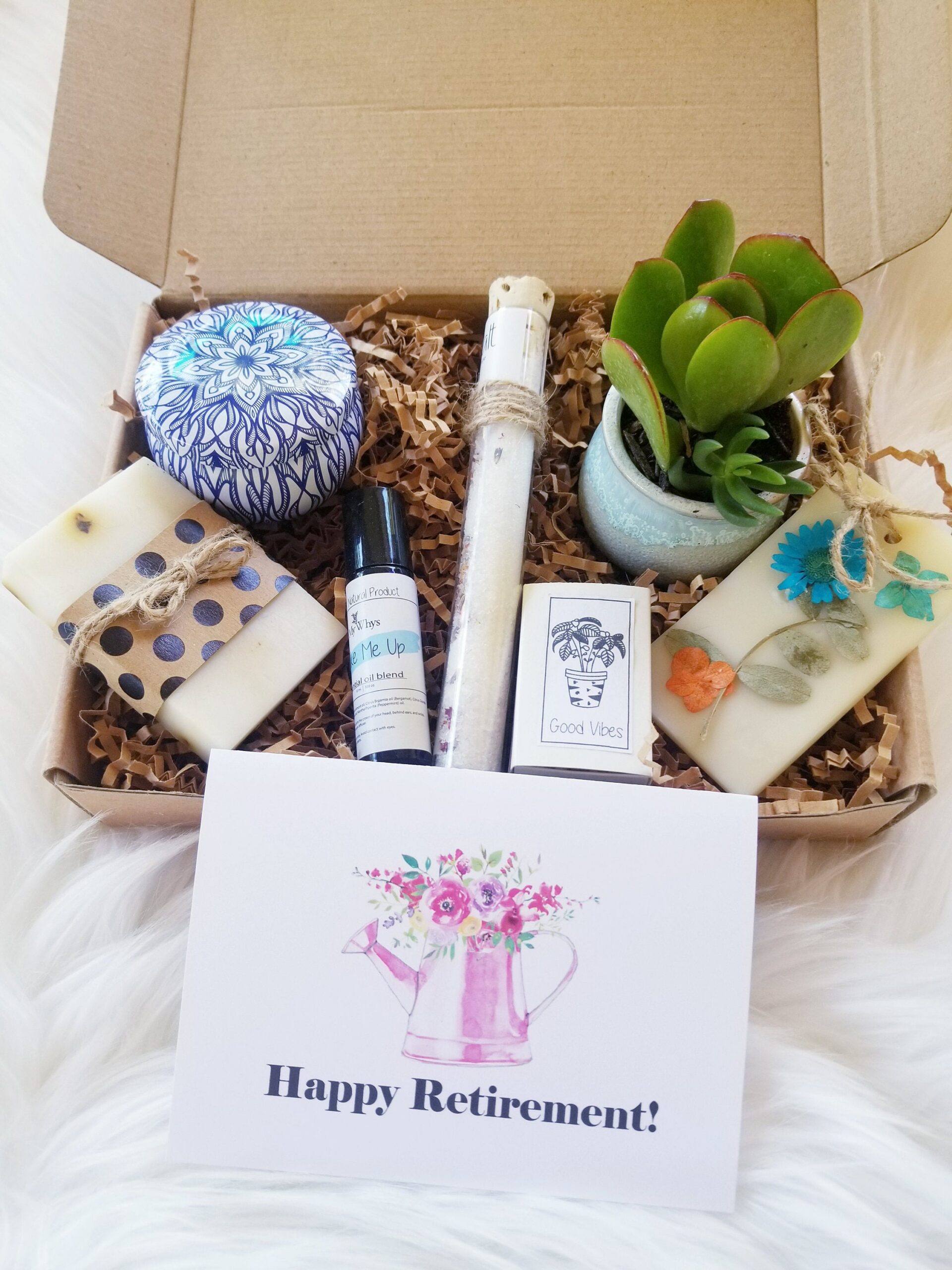 Happy Retirement care package, Retirement gift basket, spa gift, good vibes gift box, send a gift, encouragement gift box, live succulent.