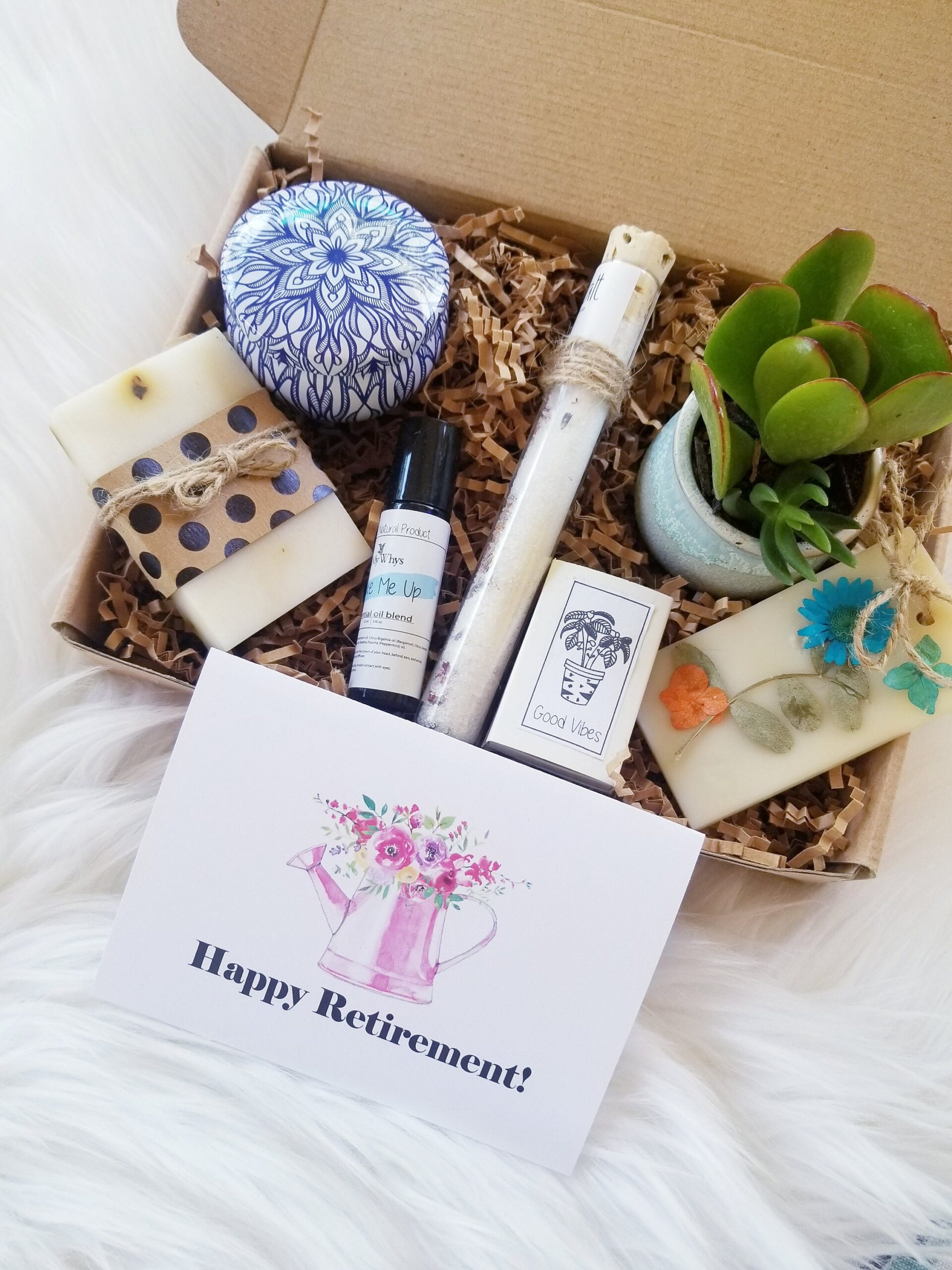 Happy Retirement care package, Retirement gift basket, spa gift, good vibes gift box, send a gift, encouragement gift box, live succulent.