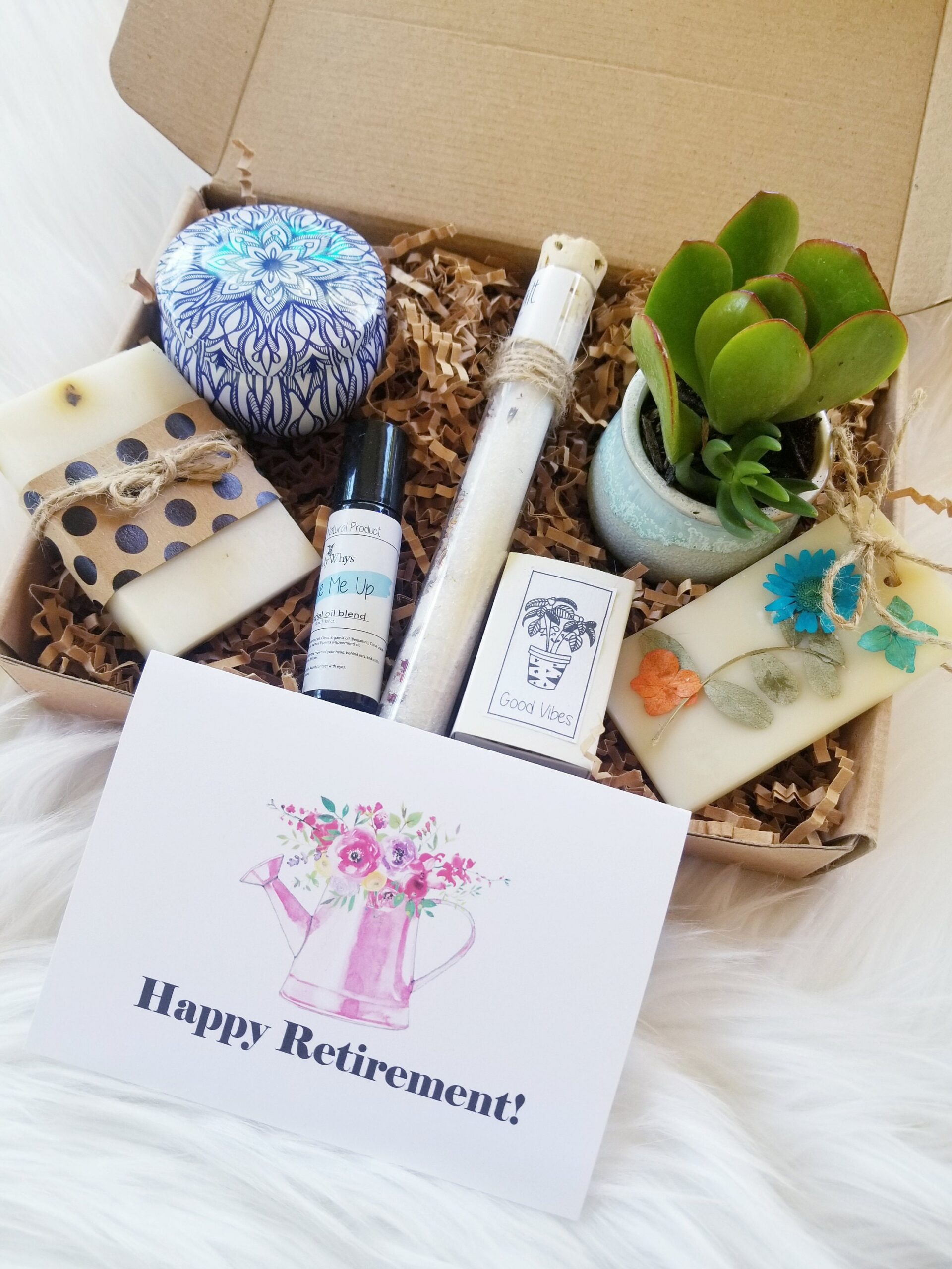 Happy Retirement care package, Retirement gift basket, spa gift, good vibes gift box, send a gift, encouragement gift box, live succulent.