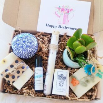 Happy Retirement care package, Retirement gift basket, spa gift, good vibes gift box, send a gift, encouragement gift box, live succulent.