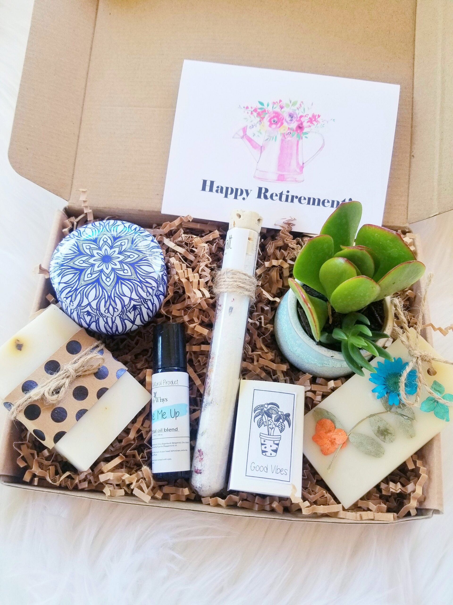 Happy Retirement care package, Retirement gift basket, spa gift, good vibes gift box, send a gift, encouragement gift box, live succulent.
