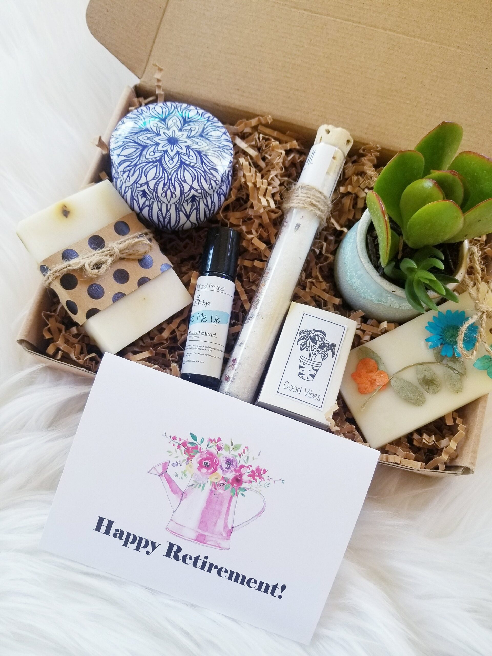 Happy Retirement care package, Retirement gift basket, spa gift, good vibes gift box, send a gift, encouragement gift box, live succulent.